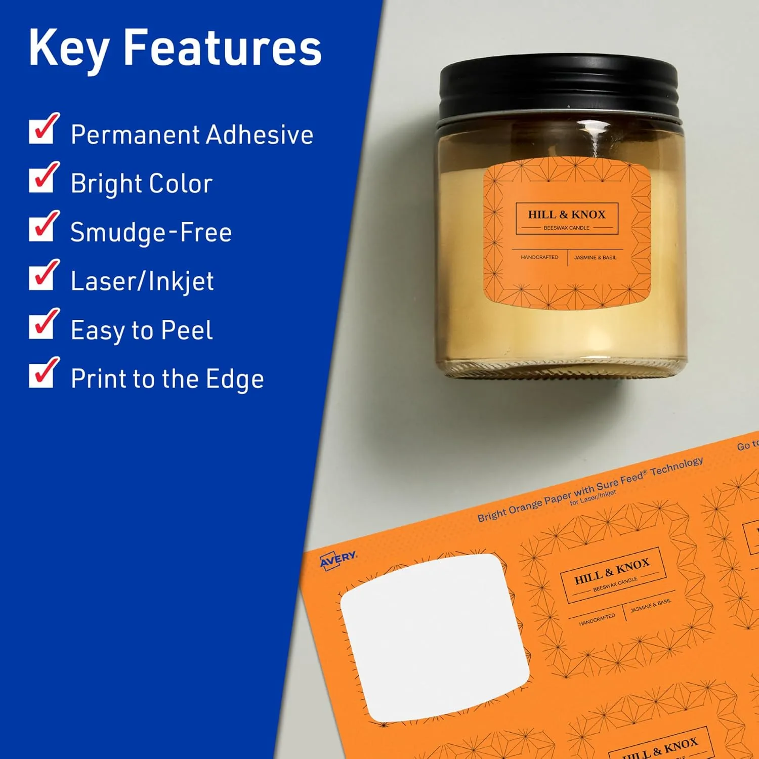 Avery Printable Arched Square Labels with Sure Feed Technology, 2" x 2-3/16", Bright Orange, Print-to-The-Edge, Laser/Inkjet