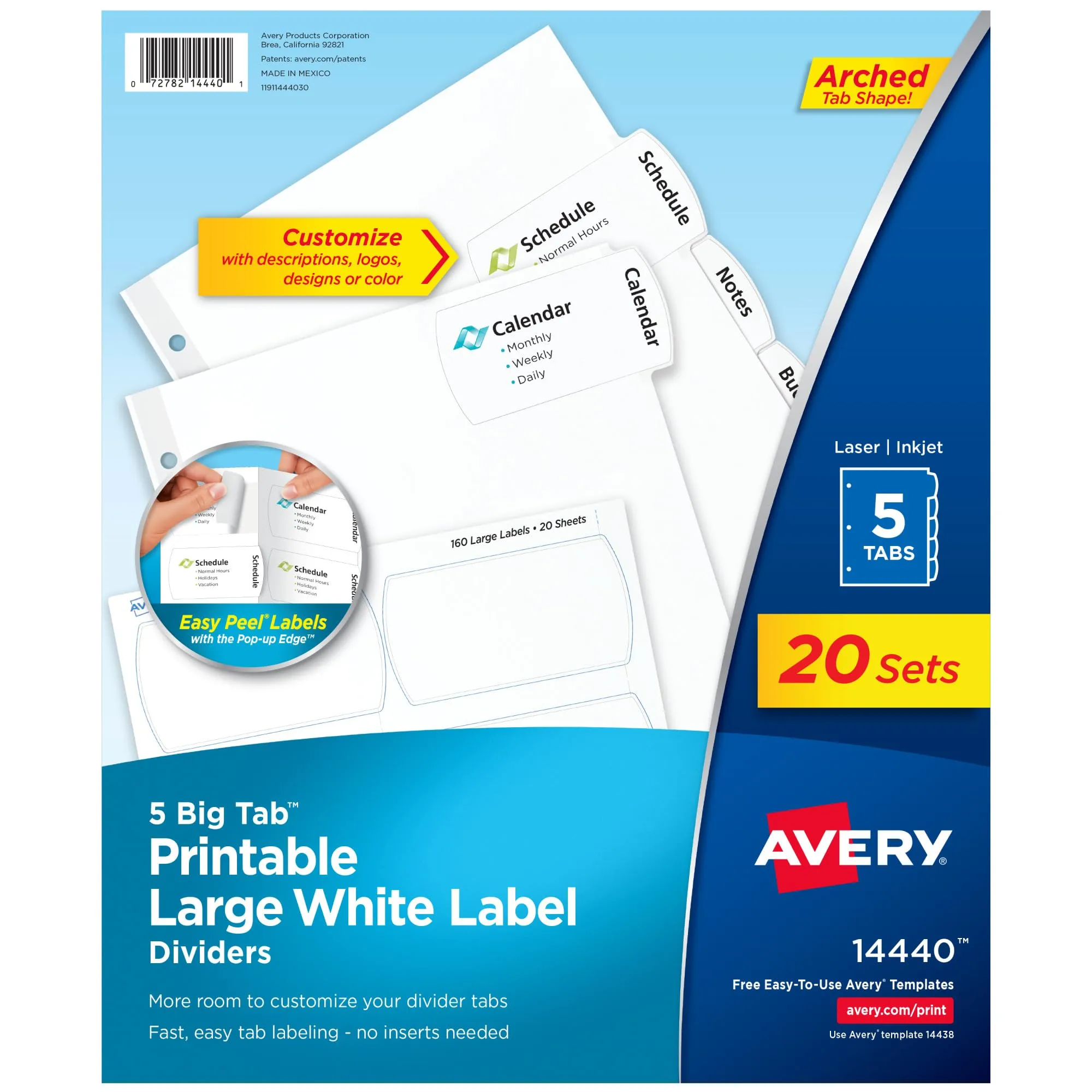 Avery Big Tab Printable Large White Label Dividers, 5-Tab, Easy Peel, 20 Sets (14440)