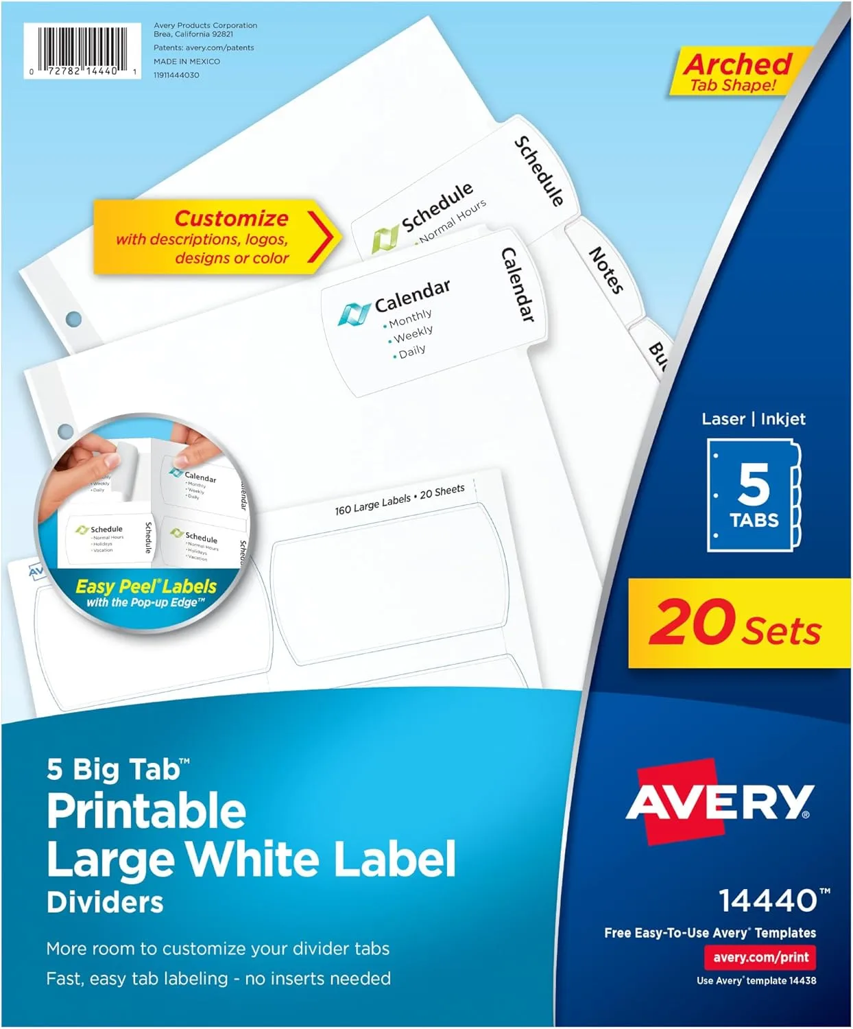 Avery Big Tab Printable Large White Label Dividers, 5-Tab, Easy Peel, 20 Sets (14440)