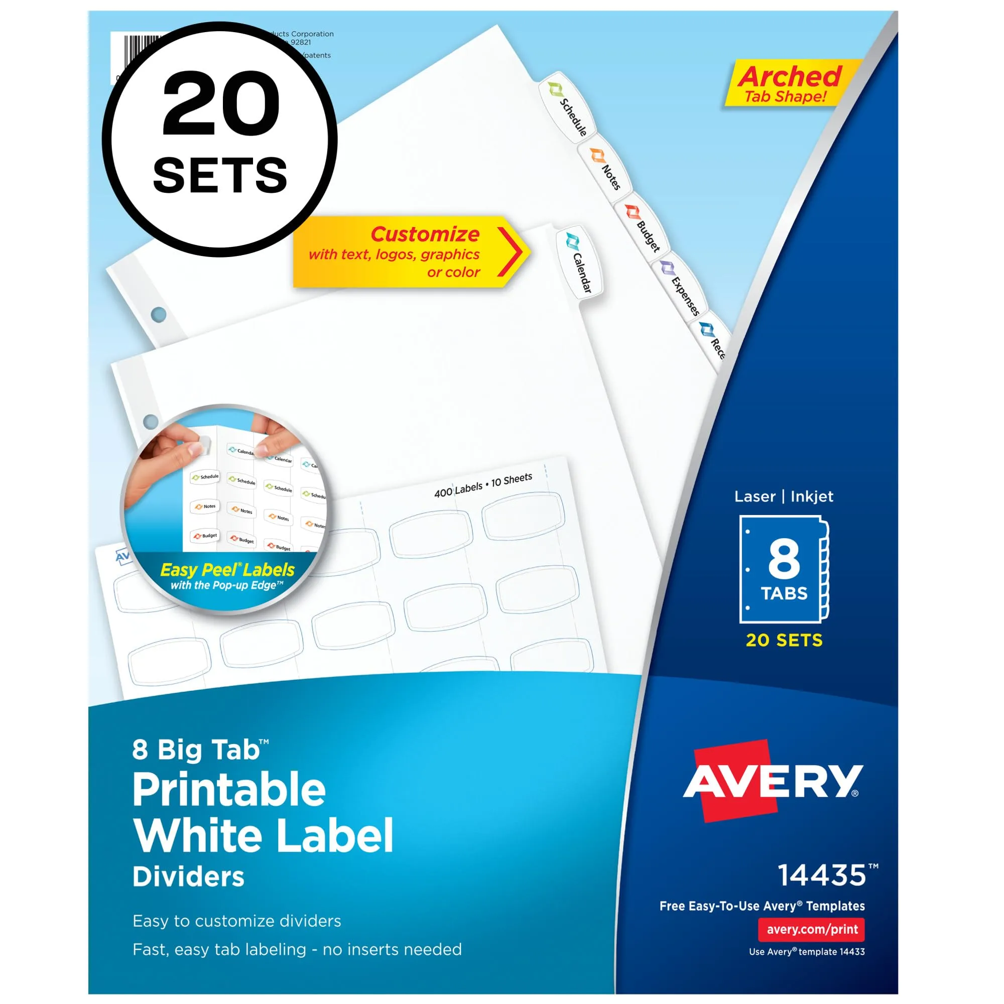 Avery Big Tab Printable White Label Dividers, 8 Tabs, 20 Sets (14435)