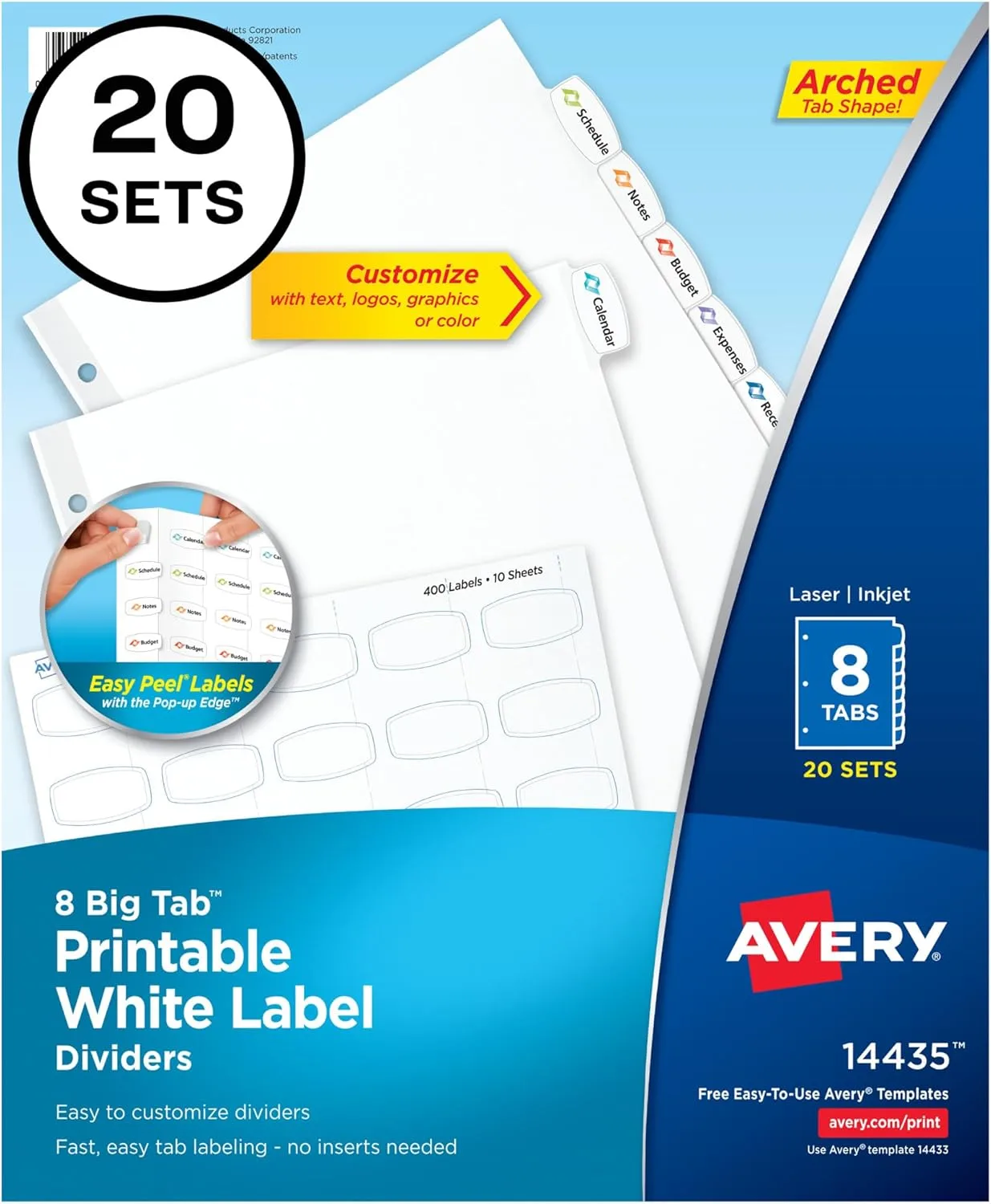 Avery Big Tab Printable White Label Dividers, 8 Tabs, 20 Sets (14435)