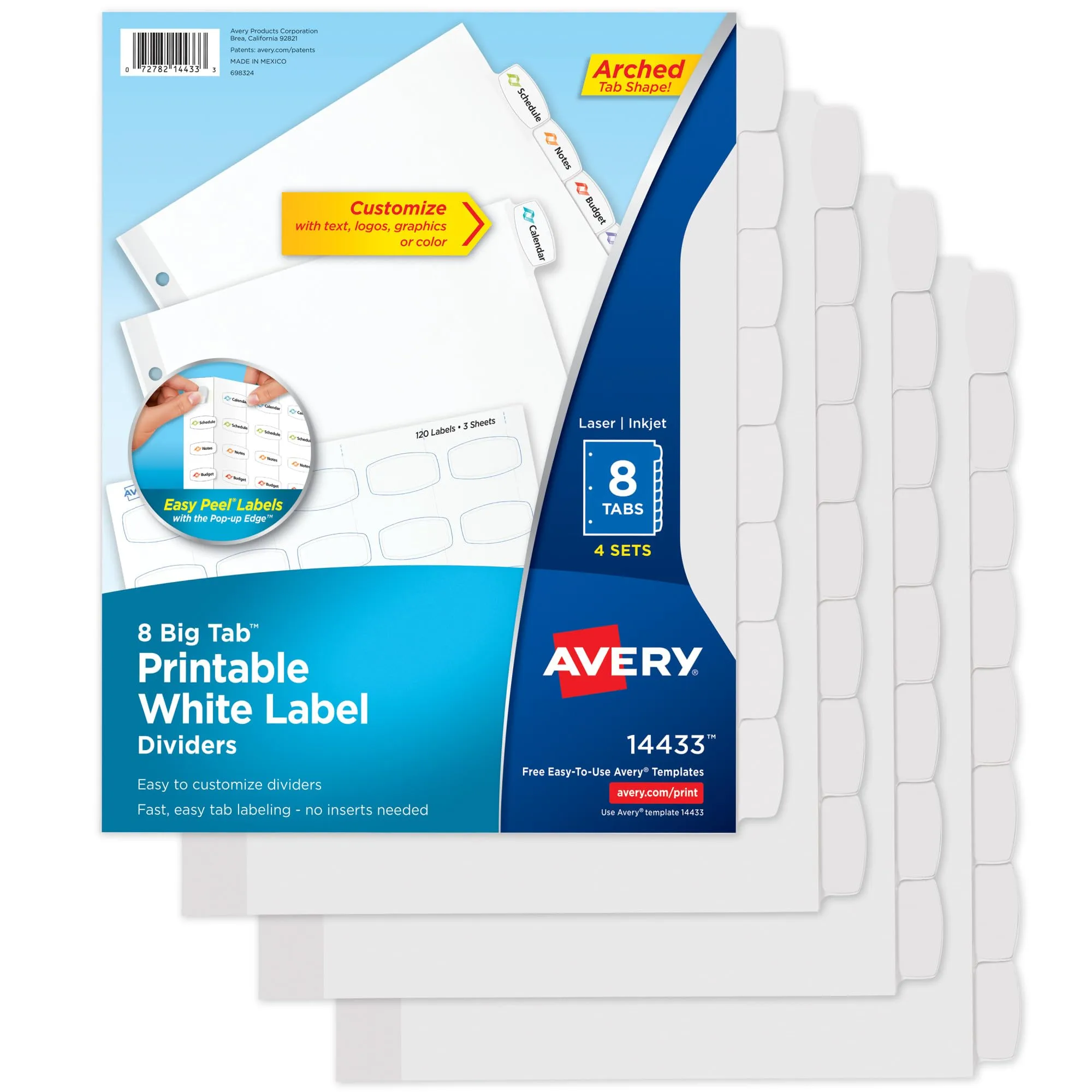 Avery Big Tab Printable White Label Dividers with Easy Peel, 8 Tabs, 4 Sets (14433)