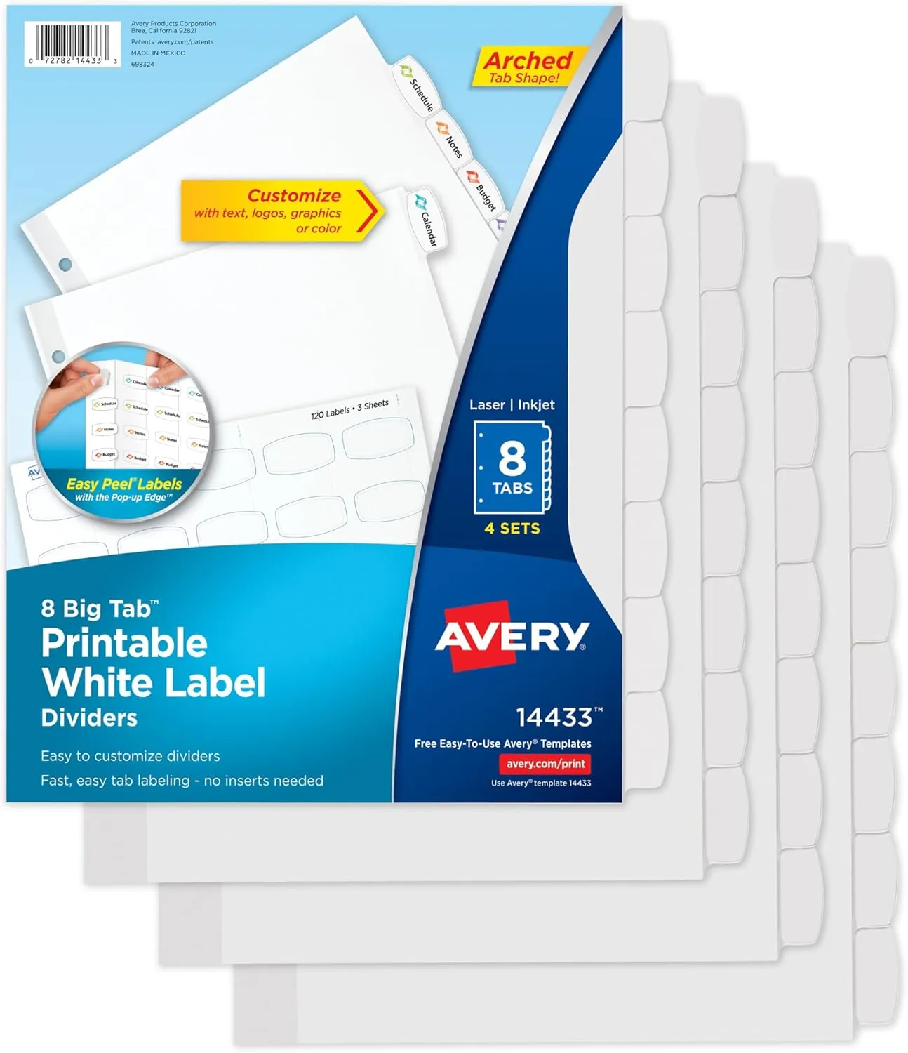 Avery Big Tab Printable White Label Dividers with Easy Peel, 8 Tabs, 4 Sets (14433)