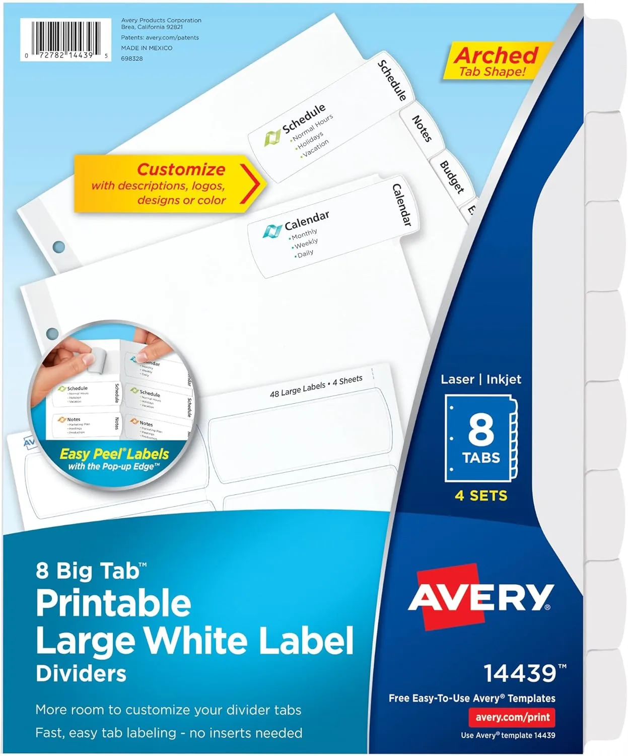 Avery Big Tab Printable Large White Label Dividers with Easy Peel, 8 Tabs, 4 Sets (14439)
