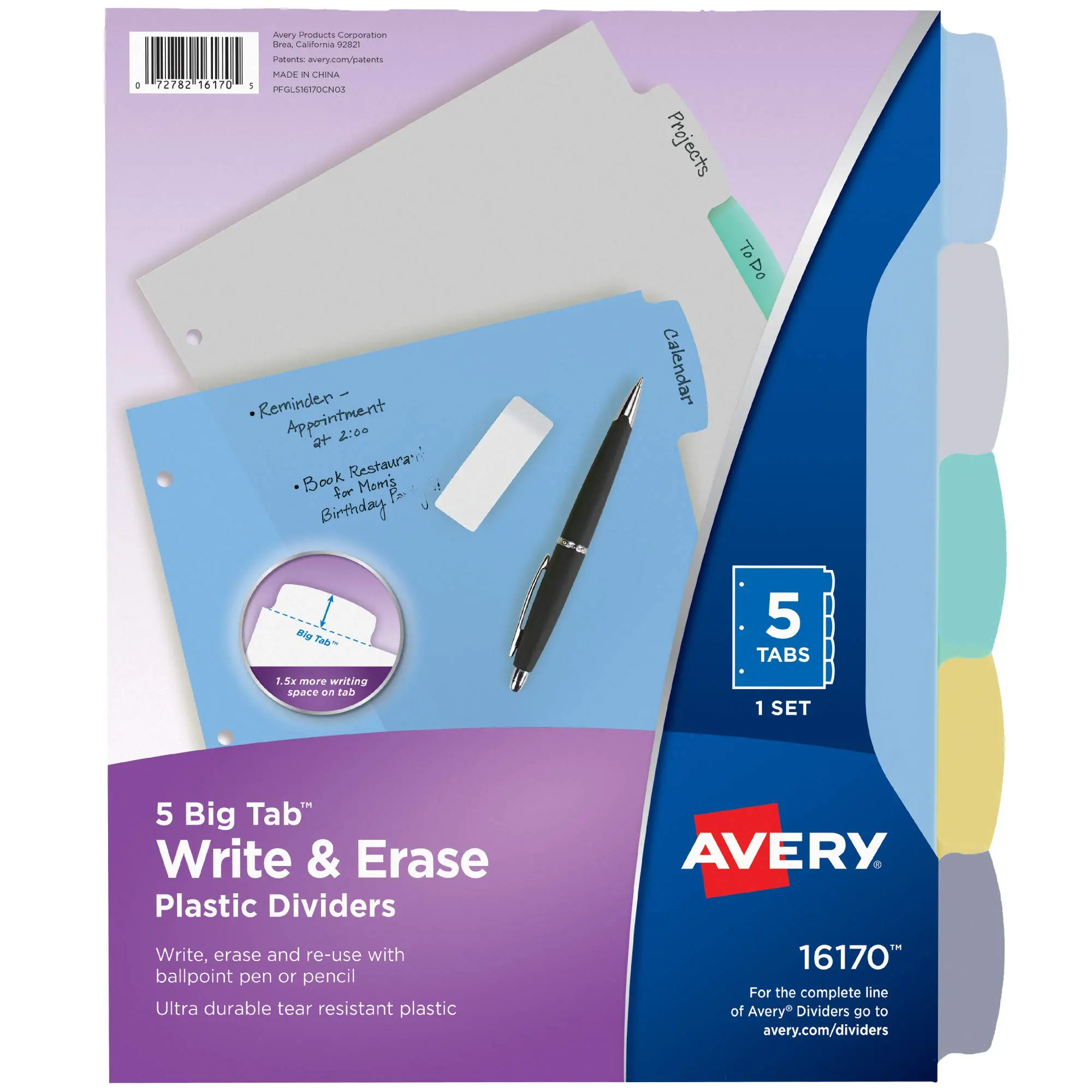 Avery Big Tab Write & Erase Durable Plastic Dividers for 3 Ring Binders, 5-Tab Set, Pastel Multicolor, 1 Set (16170)
