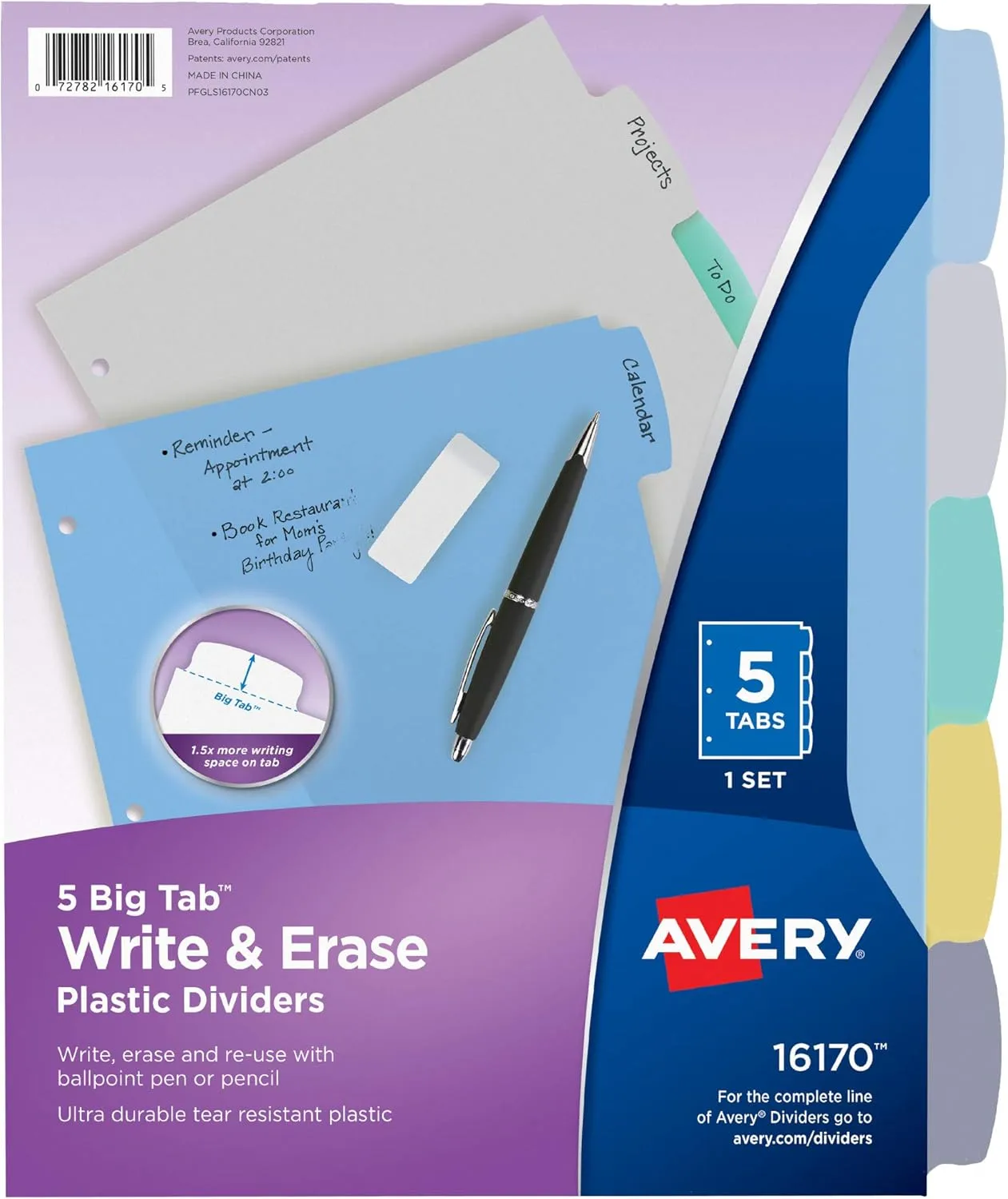 Avery Big Tab Write & Erase Durable Plastic Dividers for 3 Ring Binders, 5-Tab Set, Pastel Multicolor, 1 Set (16170)