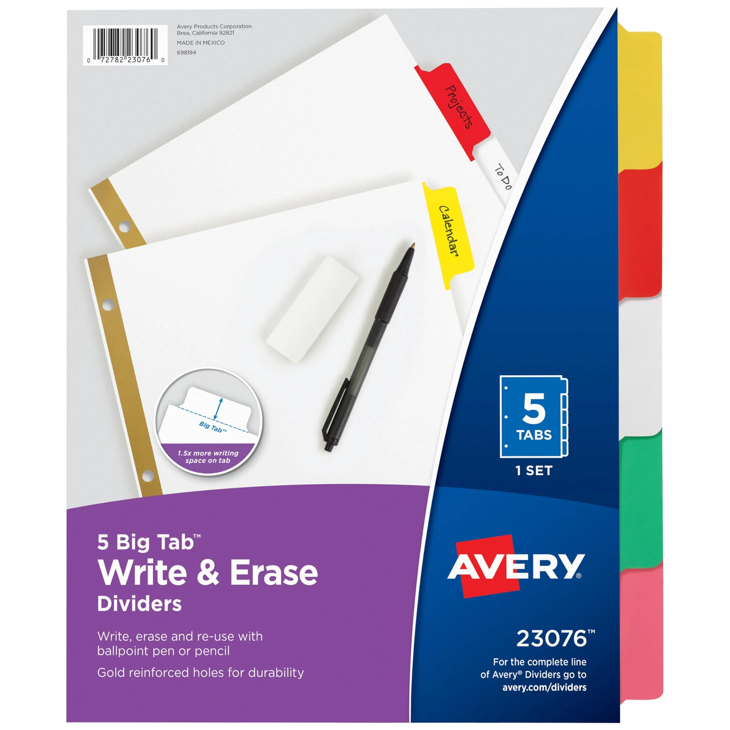 Avery Big Tab Write & Erase Dividers, 5-Tab, Multicolor (23076)