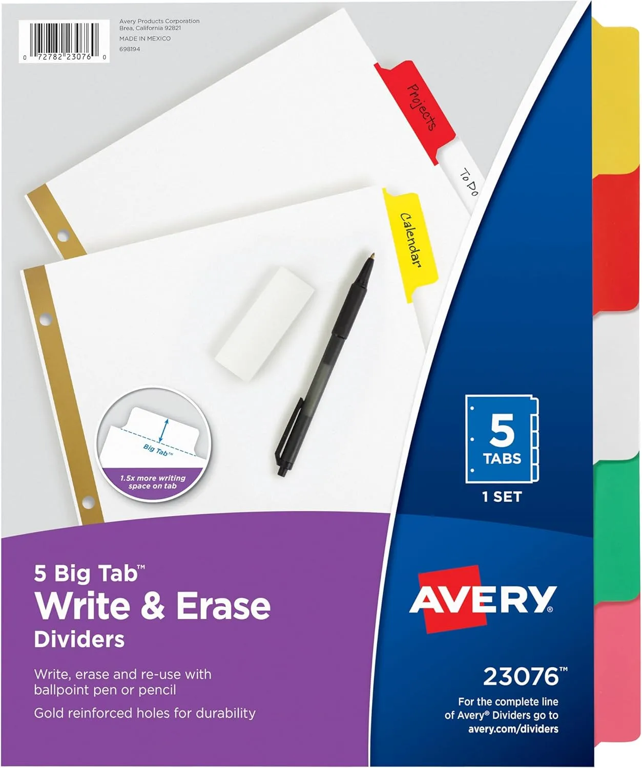 Avery Big Tab Write & Erase Dividers, 5-Tab, Multicolor (23076)