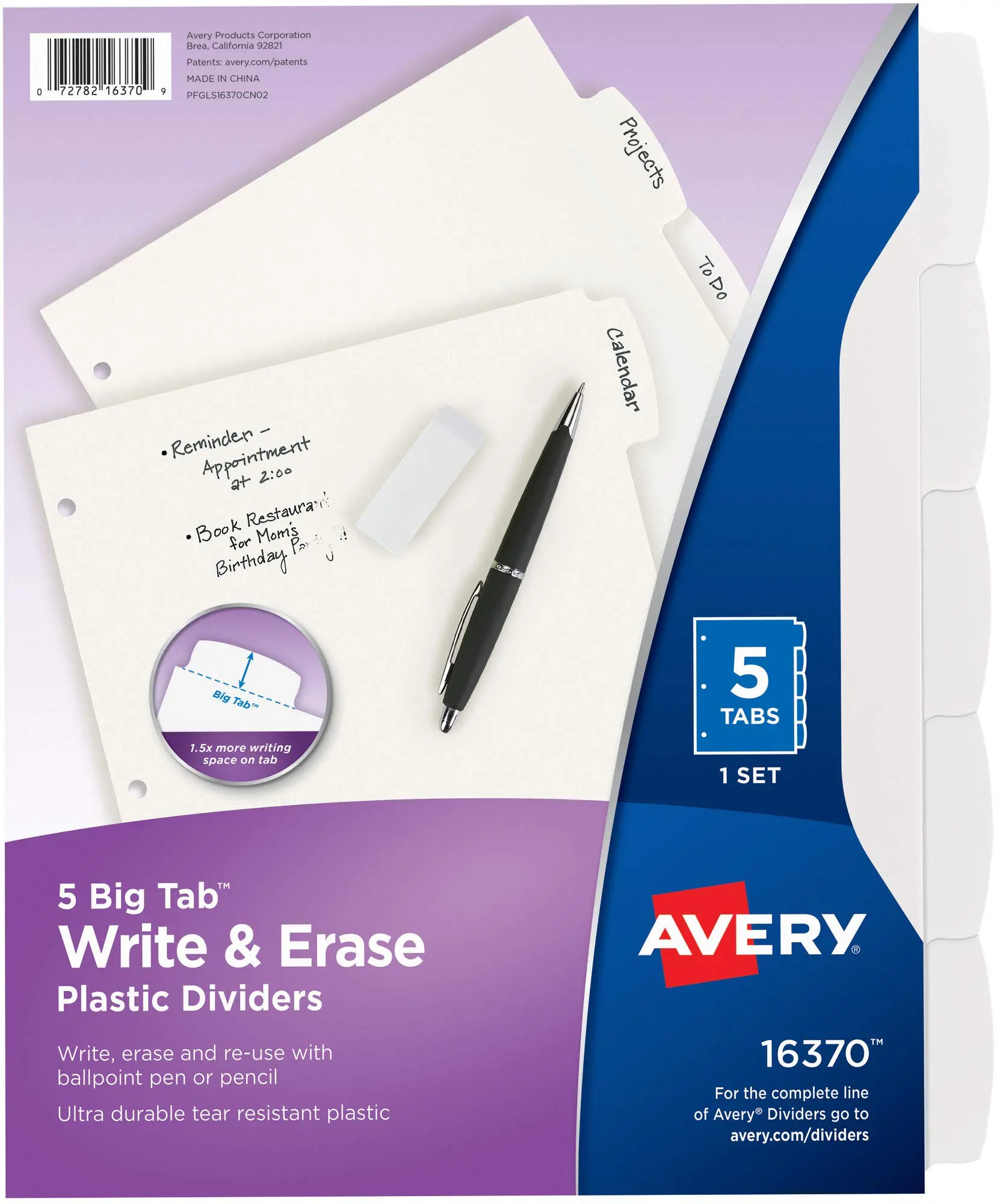 Avery Big Tab Write & Erase Durable Plastic Dividers, 5-Tab, White, 8.5 x 11