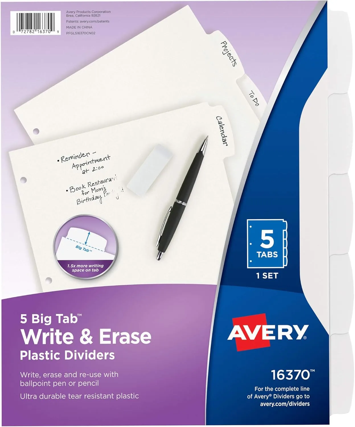 Avery Big Tab Write & Erase Durable Plastic Dividers, 5-Tab, White, 8.5 x 11