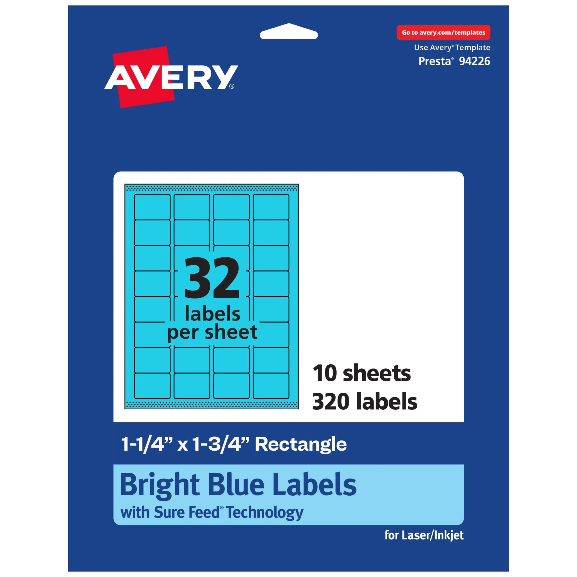 AVERY Printable Rectangle Labels, Sure Feed, 1-1/4" x 1-3/4", Bright Blue