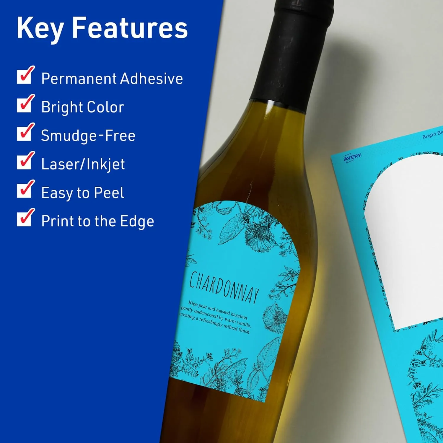 Avery Printable Arched Labels, Sure Feed Technology, 4.75" x 3.5", Bright Blue, Print-to-The-Edge, Laser/Inkjet Compatible