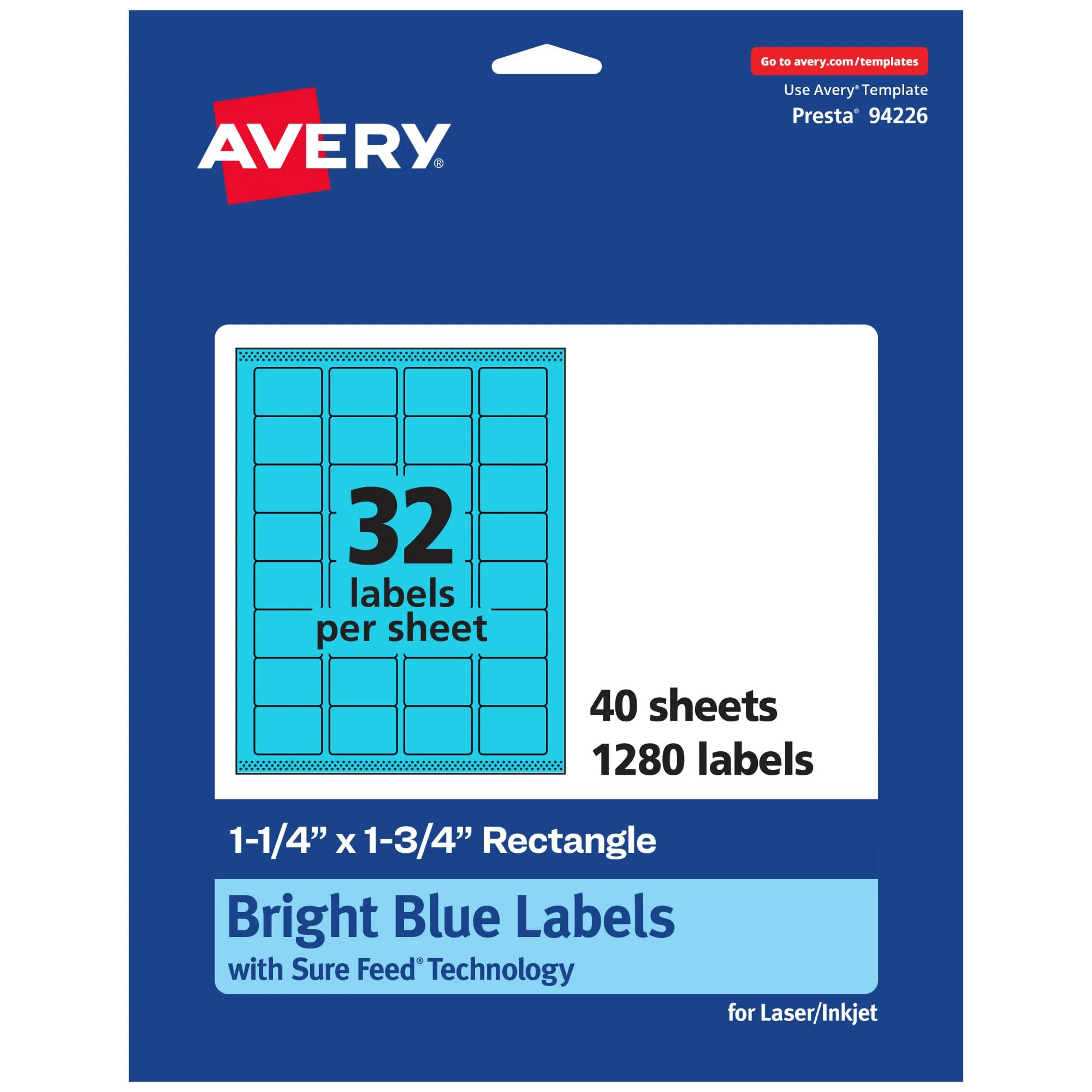 AVERY Printable Rectangle Labels, Sure Feed, 1-1/4" x 1-3/4", Bright Blue