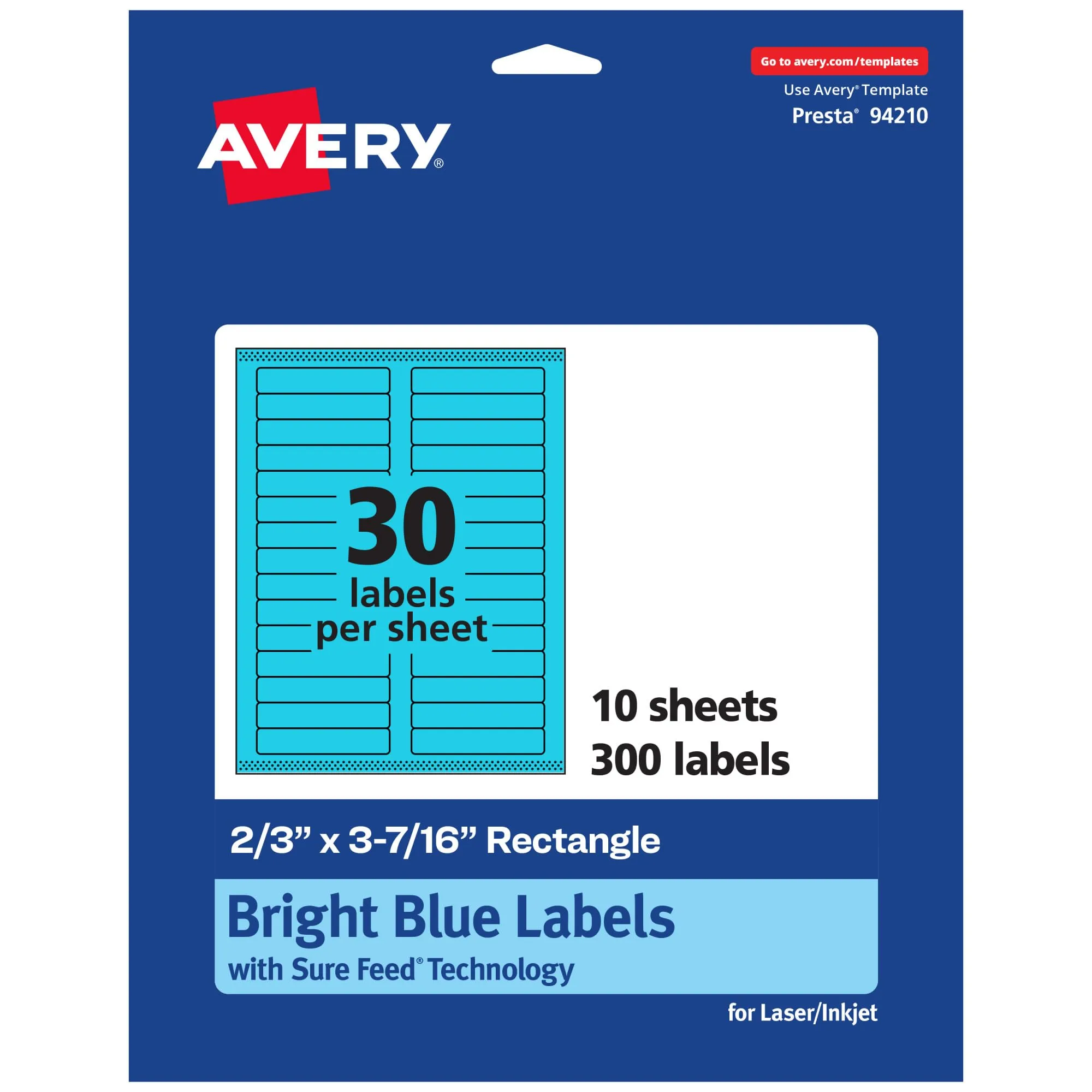 Avery Printable Rectangle Labels, Sure Feed Technology, 2/3" x 3-7/16", Bright Blue Labels, Laser/Inkjet Printable
