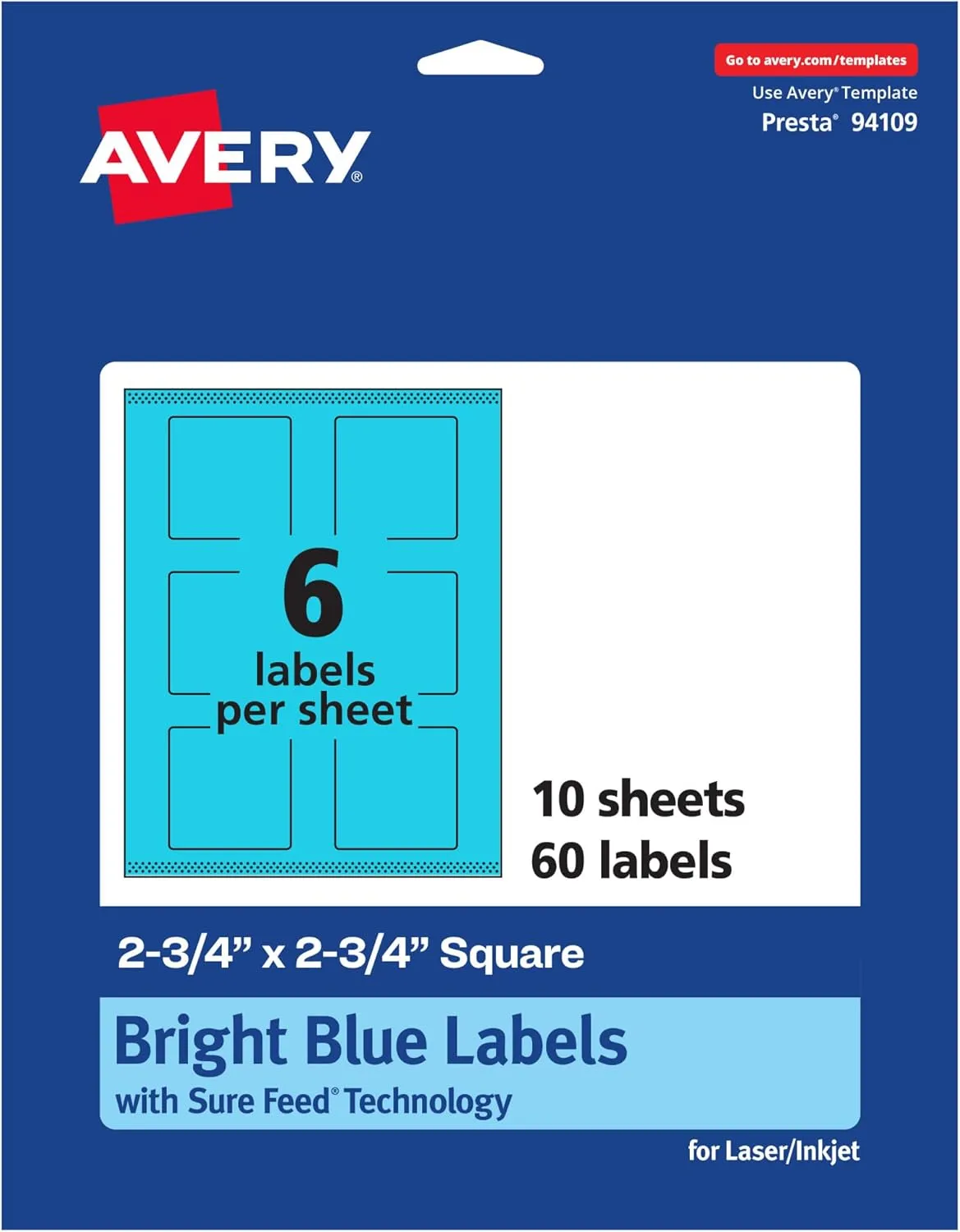 AVERY Printable Bright Blue Square Labels, Sure Feed Technology, 2-3/4" x 2-3/4", Print-to-The-Edge, Laser/Inkjet Printable