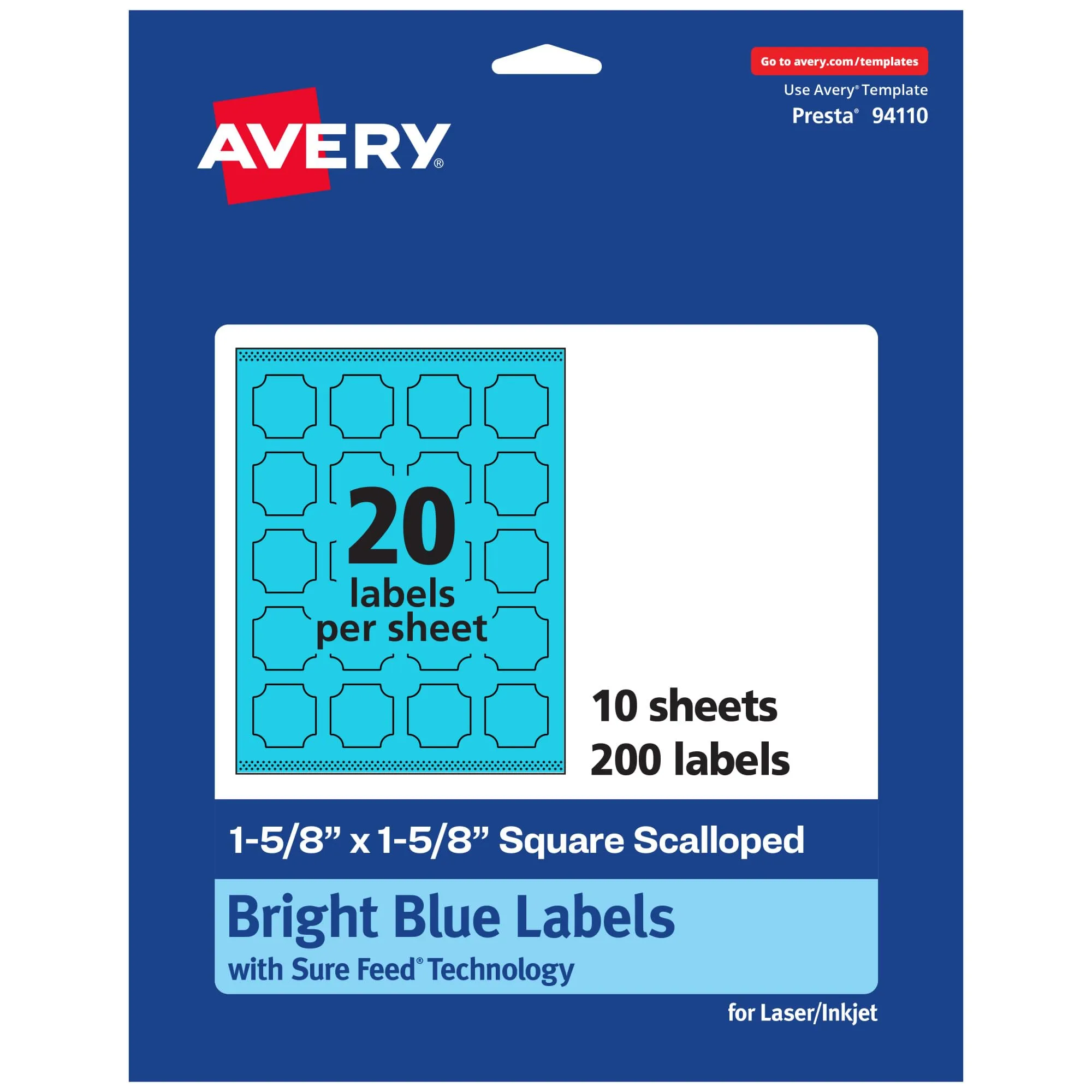 Avery Printable Square Scalloped Labels, Sure Feed Technology, 1-5/8" x 1-5/8", Bright Blue Labels, Print-to-The-Edge
