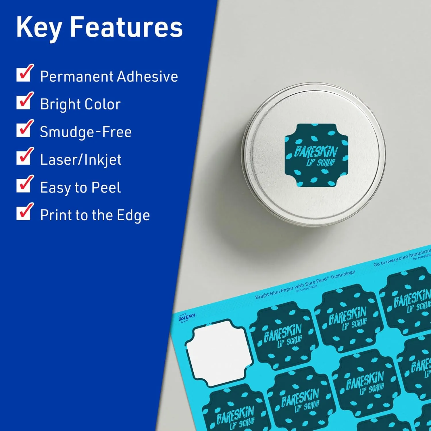 Avery Printable Square Scalloped Labels, Sure Feed Technology, 1-5/8" x 1-5/8", Bright Blue Labels, Print-to-The-Edge