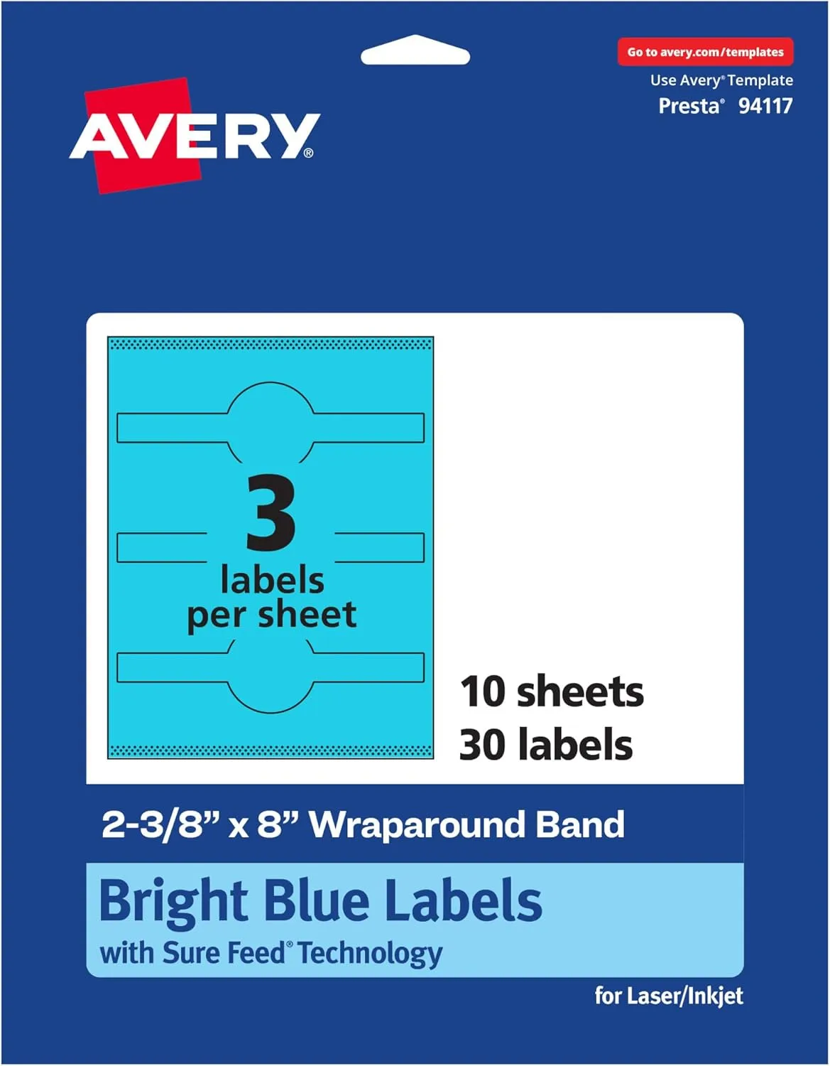 Avery Printable Wraparound Band Labels, Sure Feed Technology, 2-3/8" x 8", Bright Blue, Cigar Band Labels