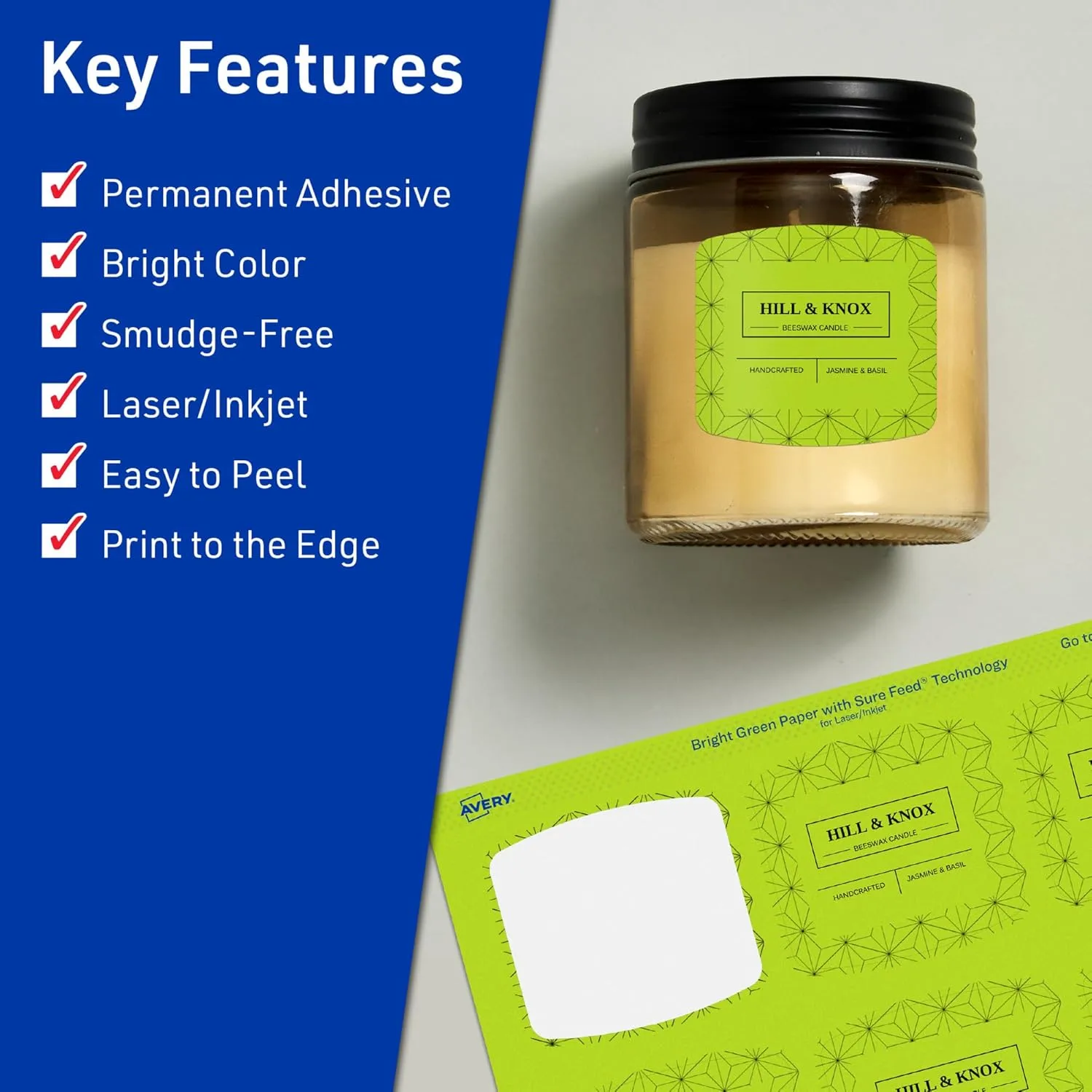 Avery Print-To-The-Edge Labels With Sure Feed Technology, 94124-BGP10, Arched Square, 2in x 2-3/16in, Matte Bright Green