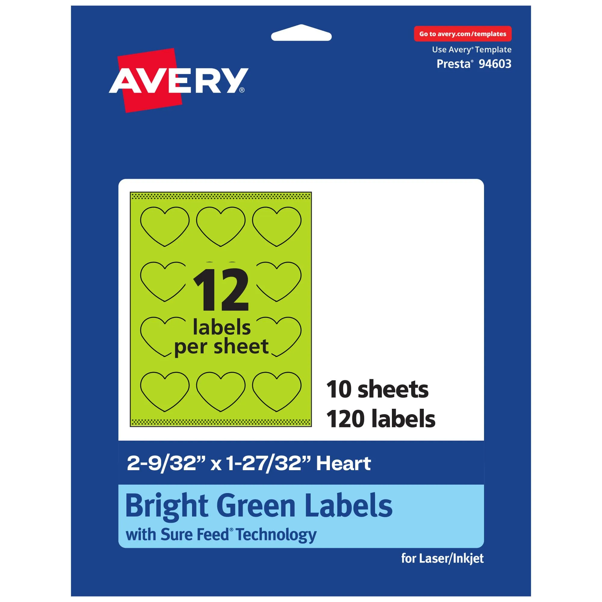 Avery Printable Bright Green Heart Labels, Sure Feed Technology, 2-9/32" x 1-27/32", Print-to-the-Edge, Laser/Inkjet