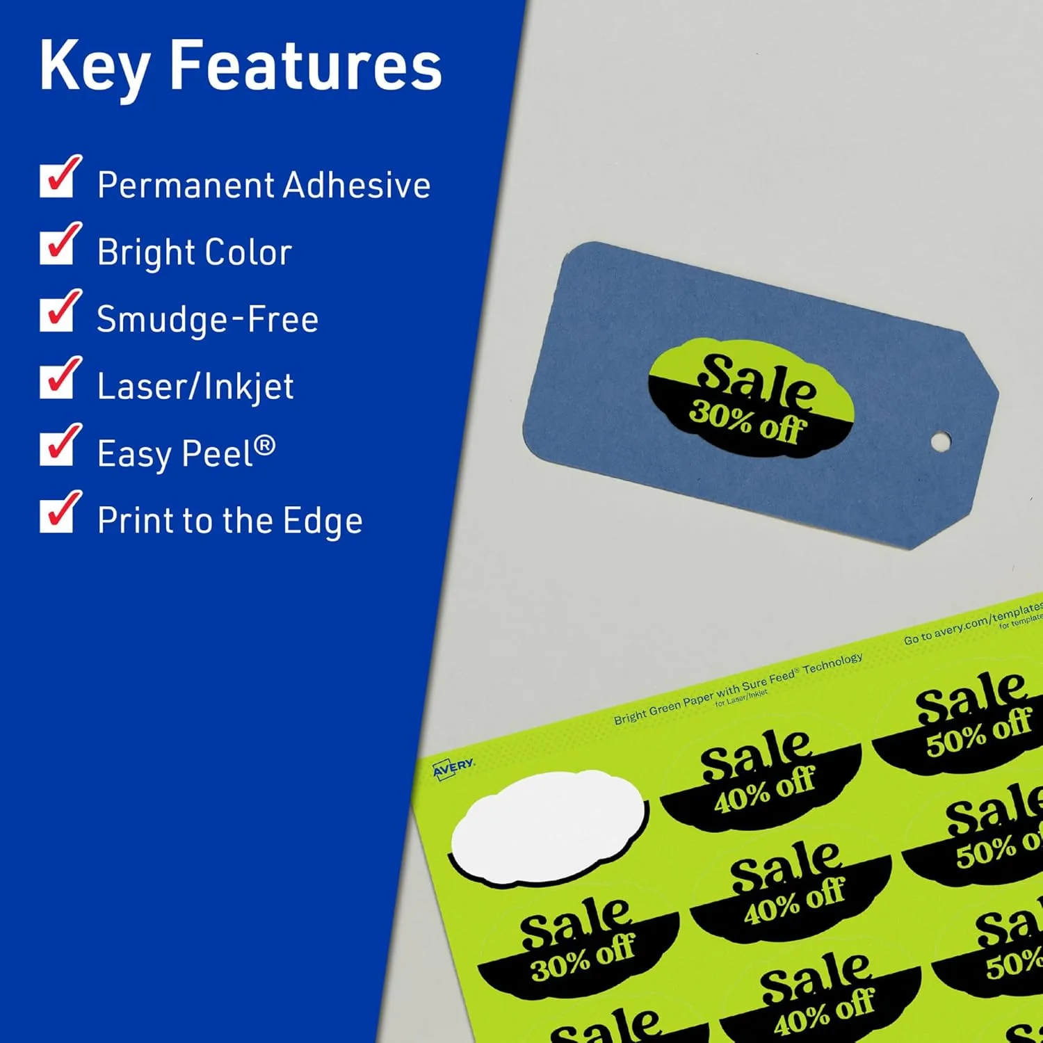 Avery Printable Oval Scalloped Labels, Sure Feed Technology, 1-1/8" x 2-1/4", Bright Green Labels, Print-to-The-Edge