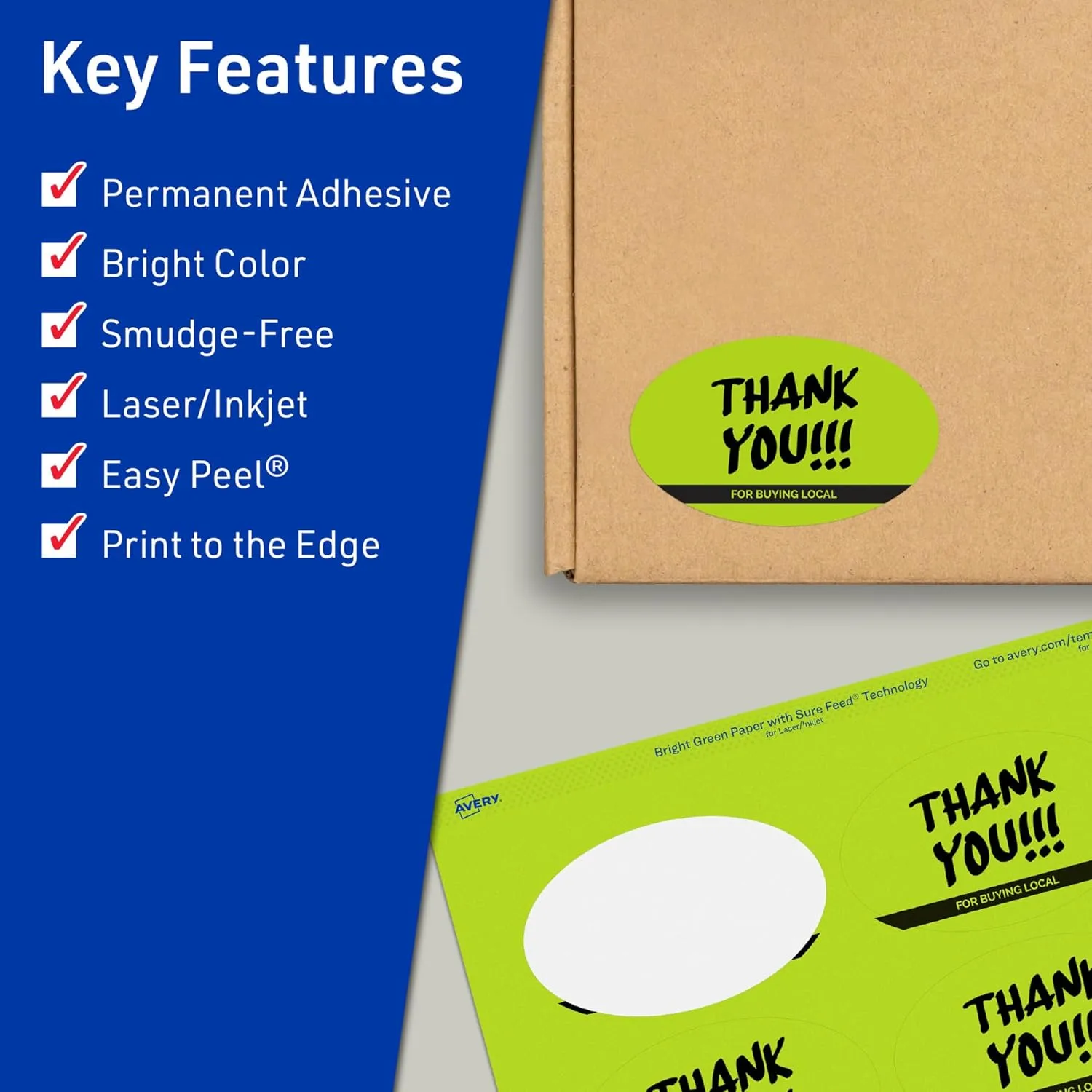 AVERY Printable Oval Labels, Sure Feed Technology, 2" x 3-1/3", Bright Green, Print-to-The-Edge, Laser/Inkjet Printable