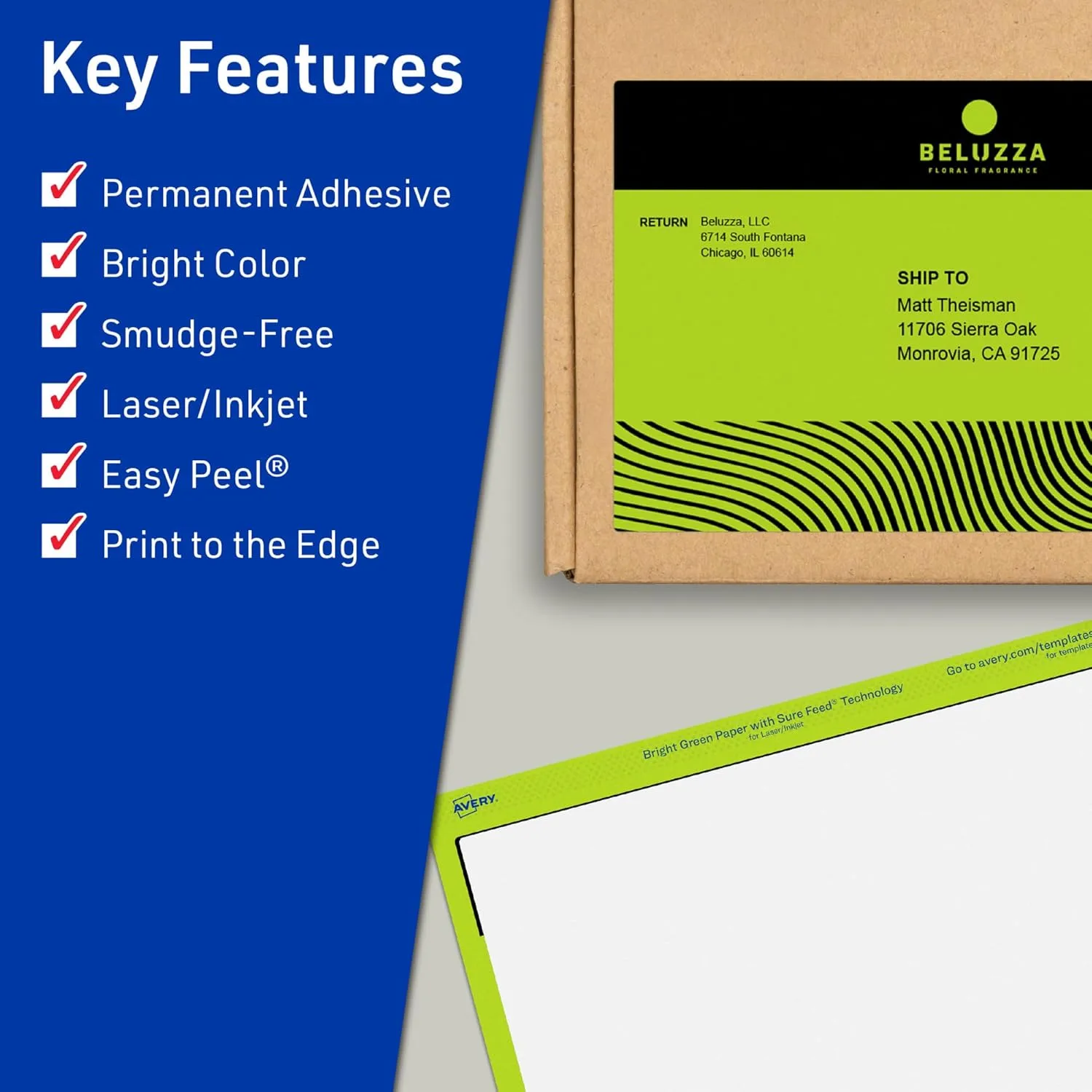 Avery Printable Rectangle Labels, Sure Feed Technology, 4-3/4" x 7-3/4", Bright Green Labels, Print-to-The-Edge
