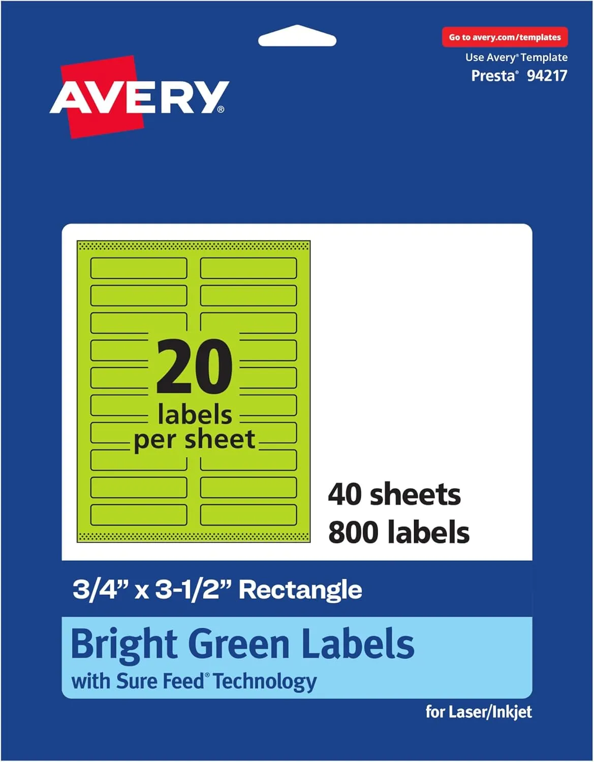 Avery Printable Rectangle Labels, Sure Feed Technology, 3/4" x 3-1/2", Bright Green, Print-to-The-Edge