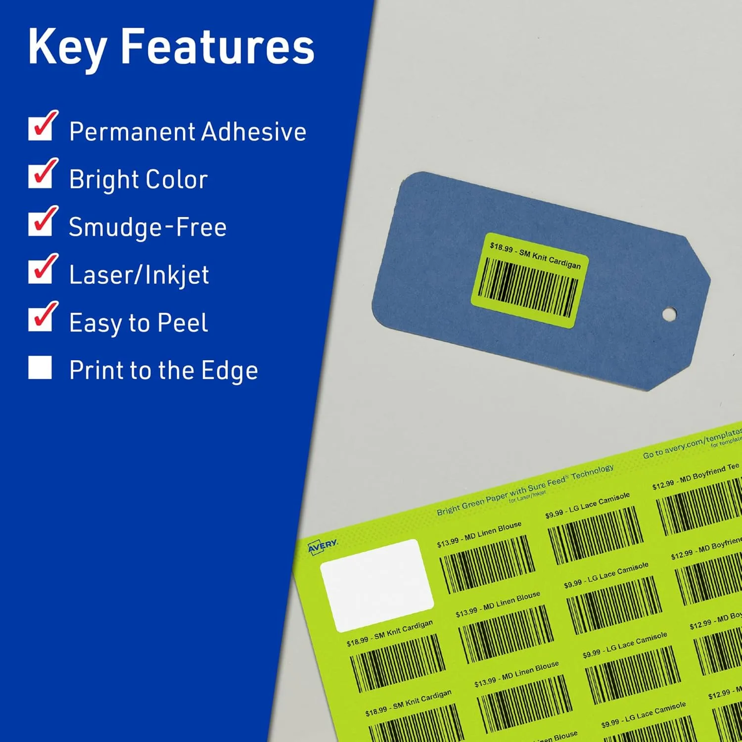Avery Printable Rectangle Labels, Sure Feed Technology, 1-1/4" x 1-3/4", Bright Green Labels, Laser/Inkjet Printable