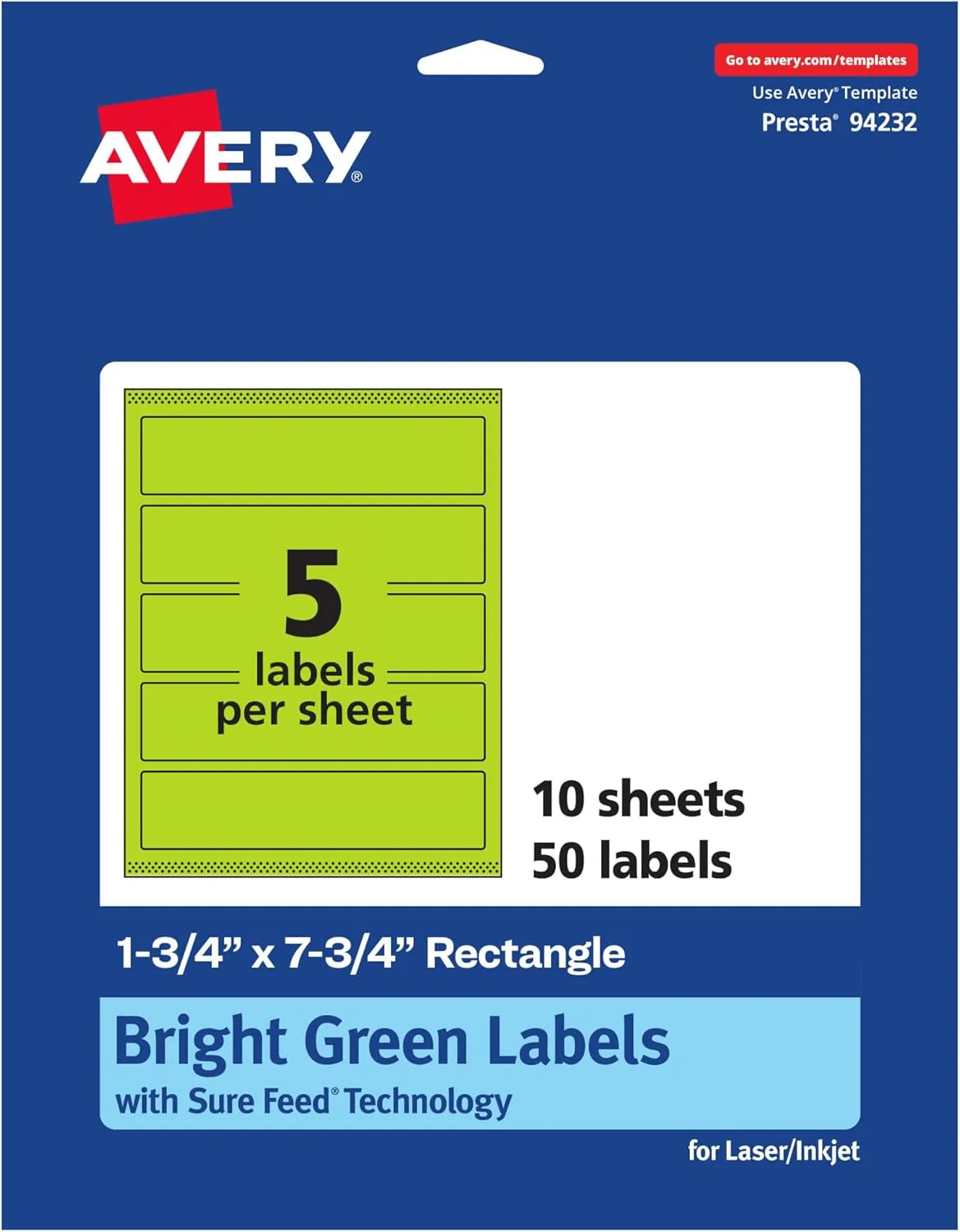 Avery Printable Rectangle Labels, Sure Feed Technology, 1-3/4" x 7-3/4", Bright Green Labels, Print-to-The-Edge