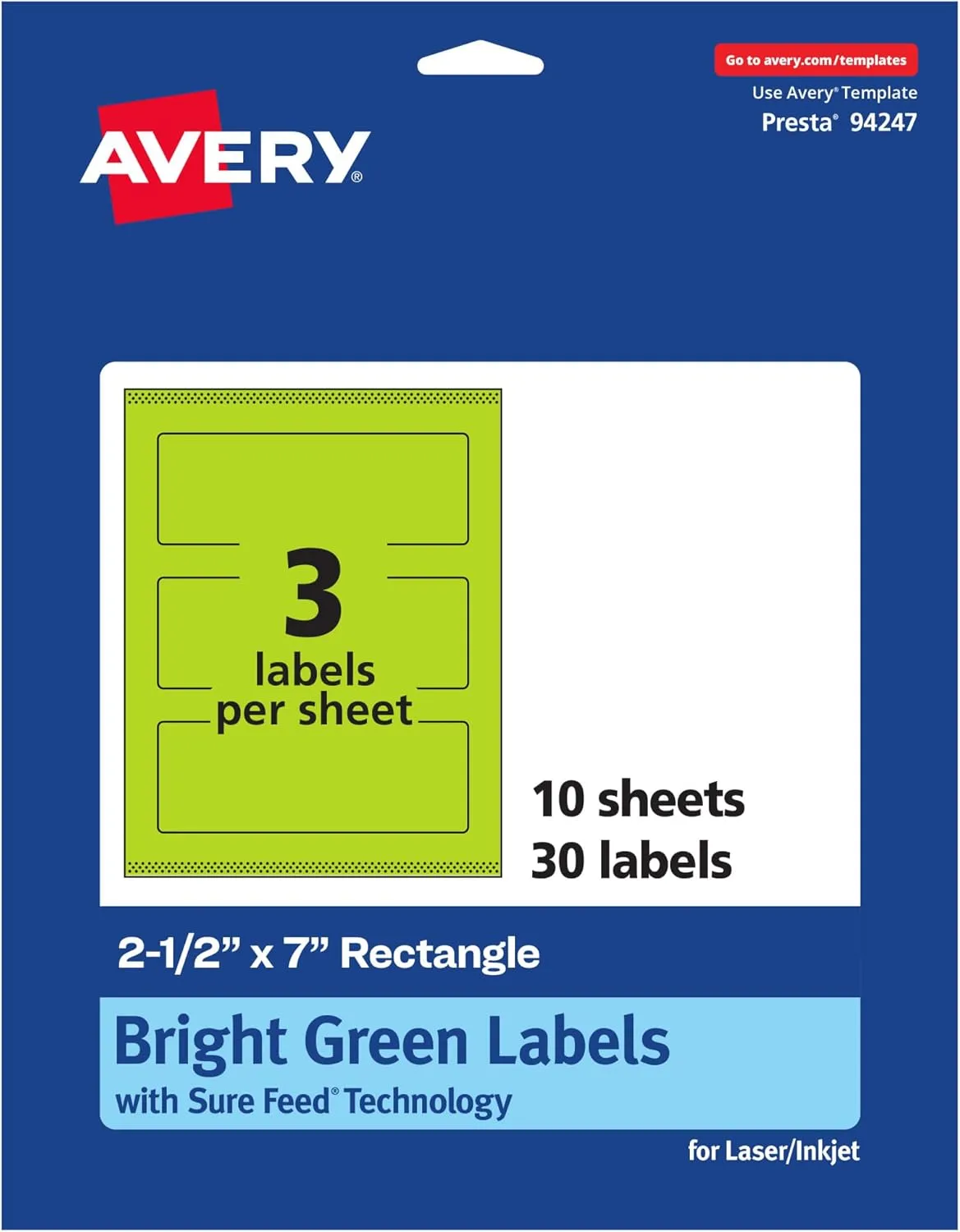Avery Printable Rectangle Labels, Sure Feed Technology, 2-1/2" x 7", Bright Green Labels, Print-to-The-Edge
