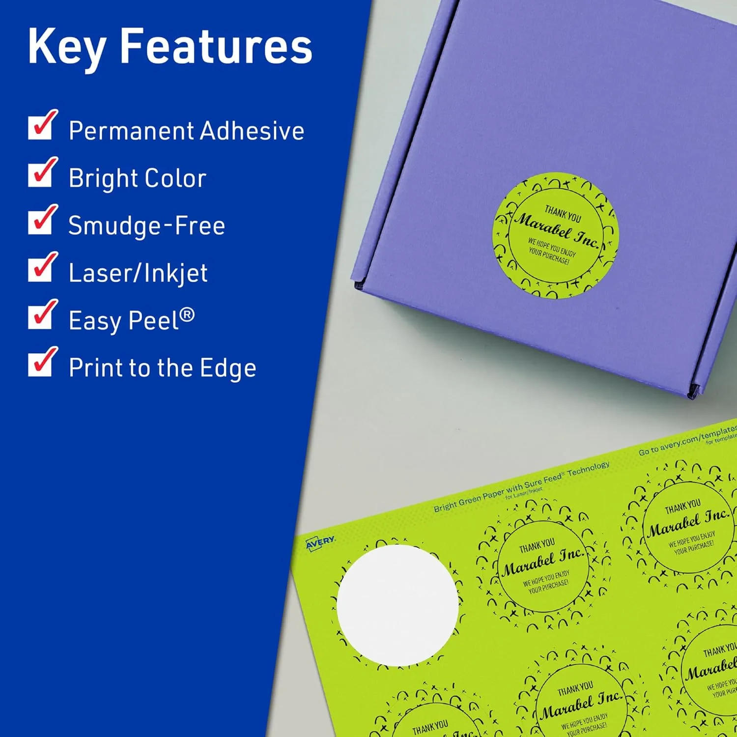 Avery Printable Round Labels, Sure Feed Technology, 1-2/3" Diameter, Bright Green Labels, Print-to-The-Edge