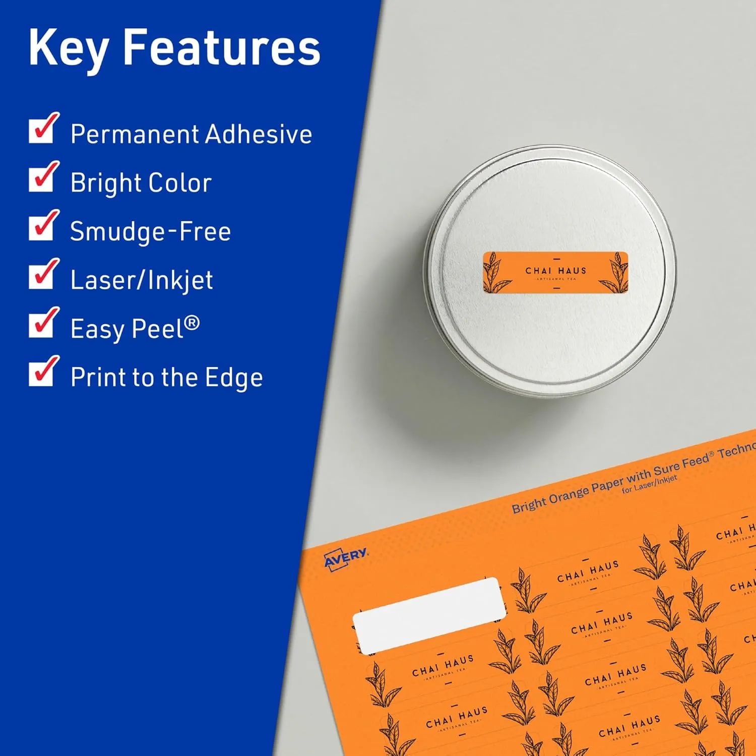 Avery Printable Rectangle Labels, Sure Feed Technology, 1 x 1-1/2, Bright Orange, Print-to-The-Edge, Laser/Inkjet