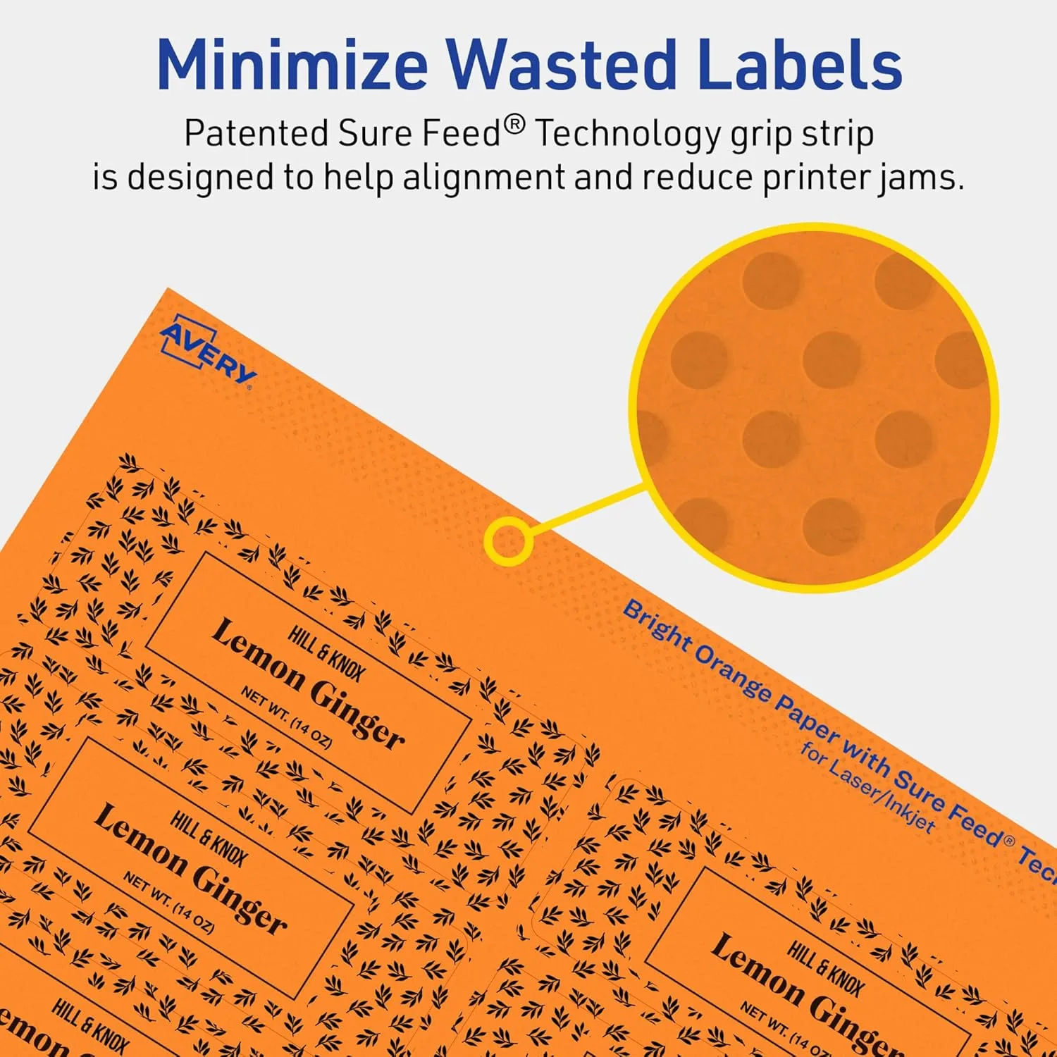 Avery Printable Rectangle Labels, Sure Feed Technology, 1-1/4" x 3-3/4", Bright Orange, Print-to-The-Edge