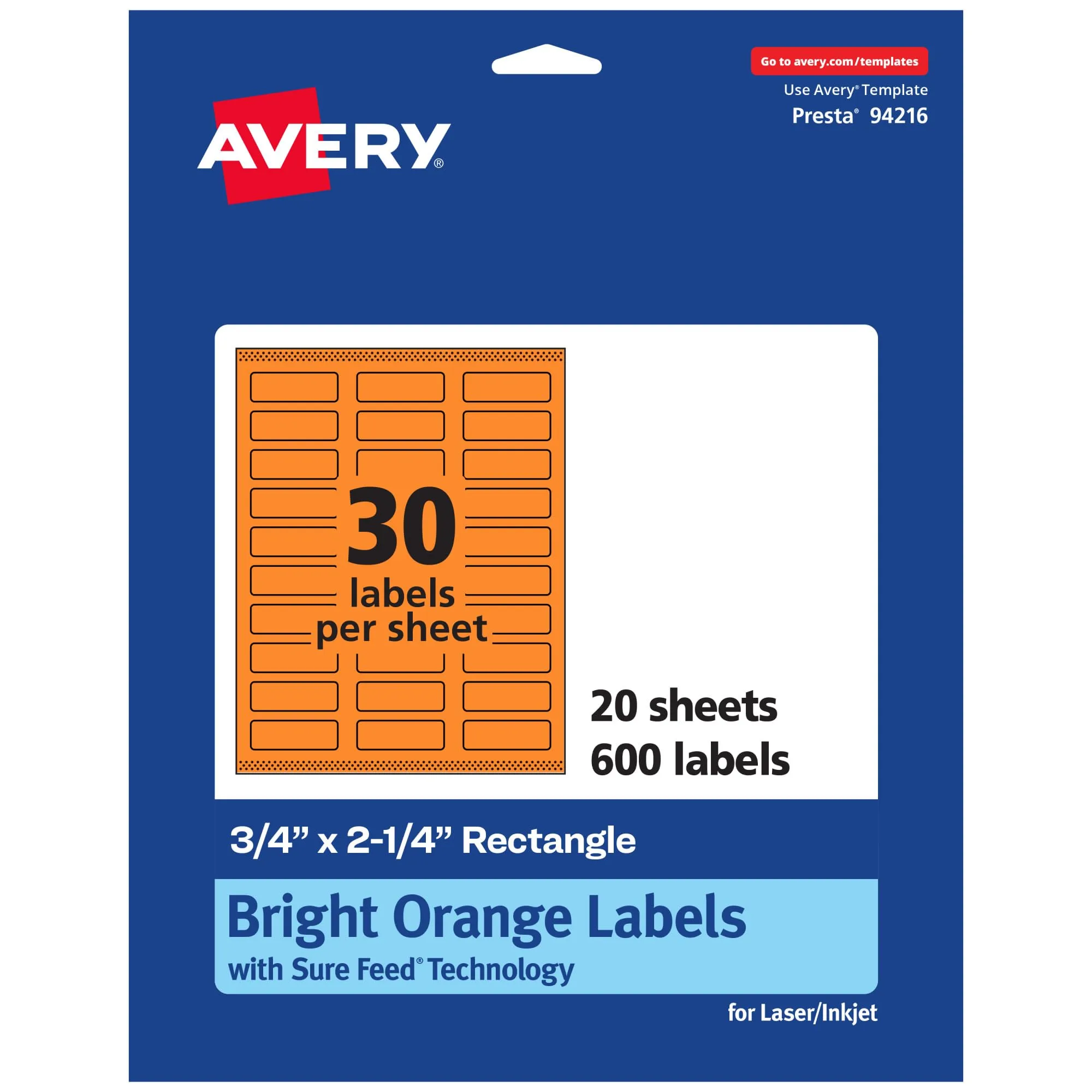 Avery Print-To-The-Edge Labels With Sure Feed Technology And Easy Peel, 94216 Rectangle 3/4in x 2-1/4in Matte Bright Orange