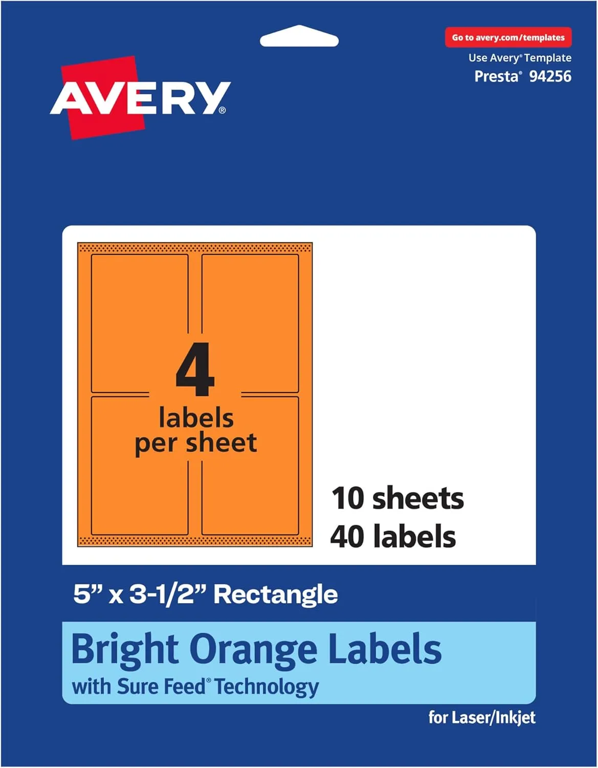 Avery Printable Rectangle Labels, Sure Feed Technology, 5" x 3.5", Bright Orange