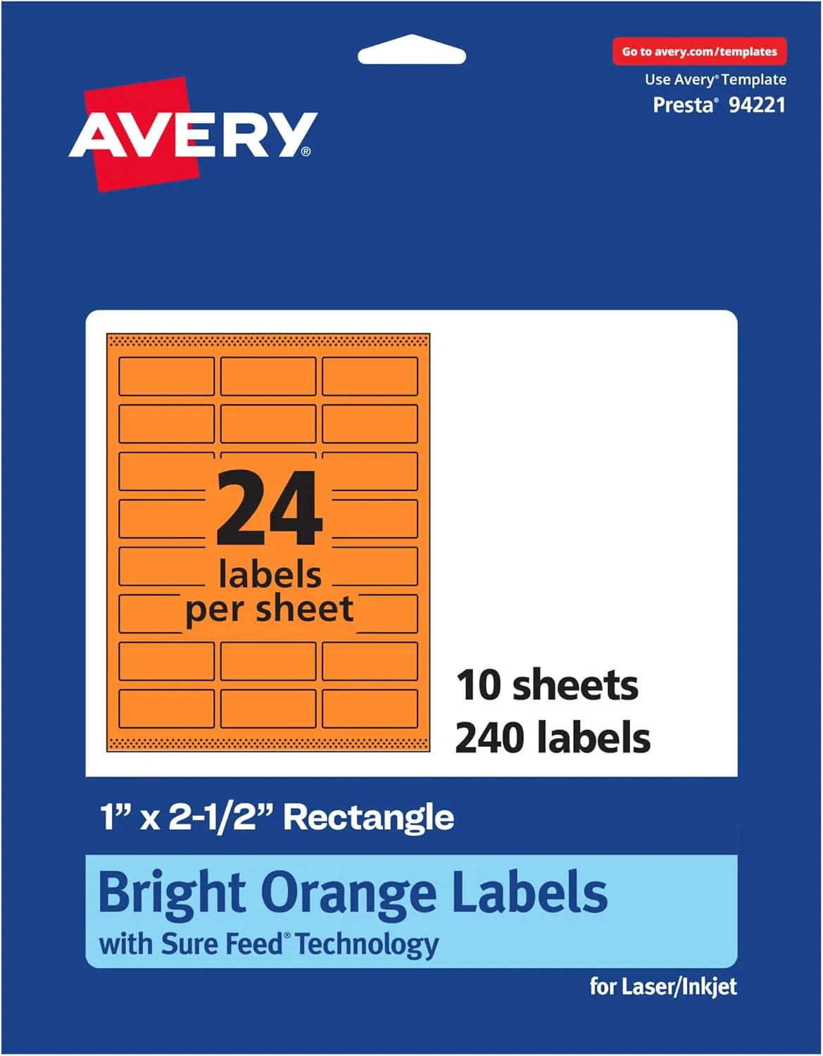 Avery Printable Rectangle Labels, Sure Feed Technology, 1" x 2.5", Bright Orange