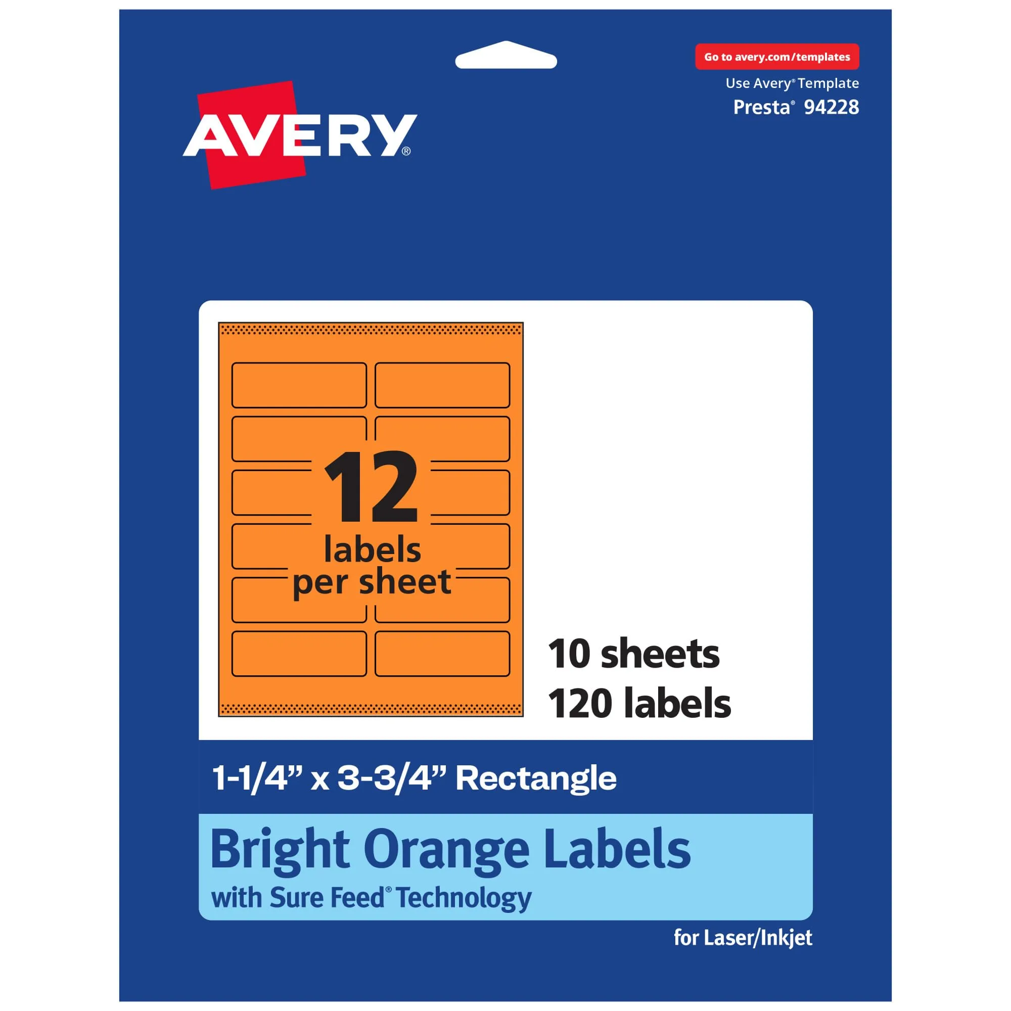 Avery Printable Rectangle Labels, Sure Feed Technology, 1-1/4" x 3-3/4", Bright Orange, Print-to-The-Edge