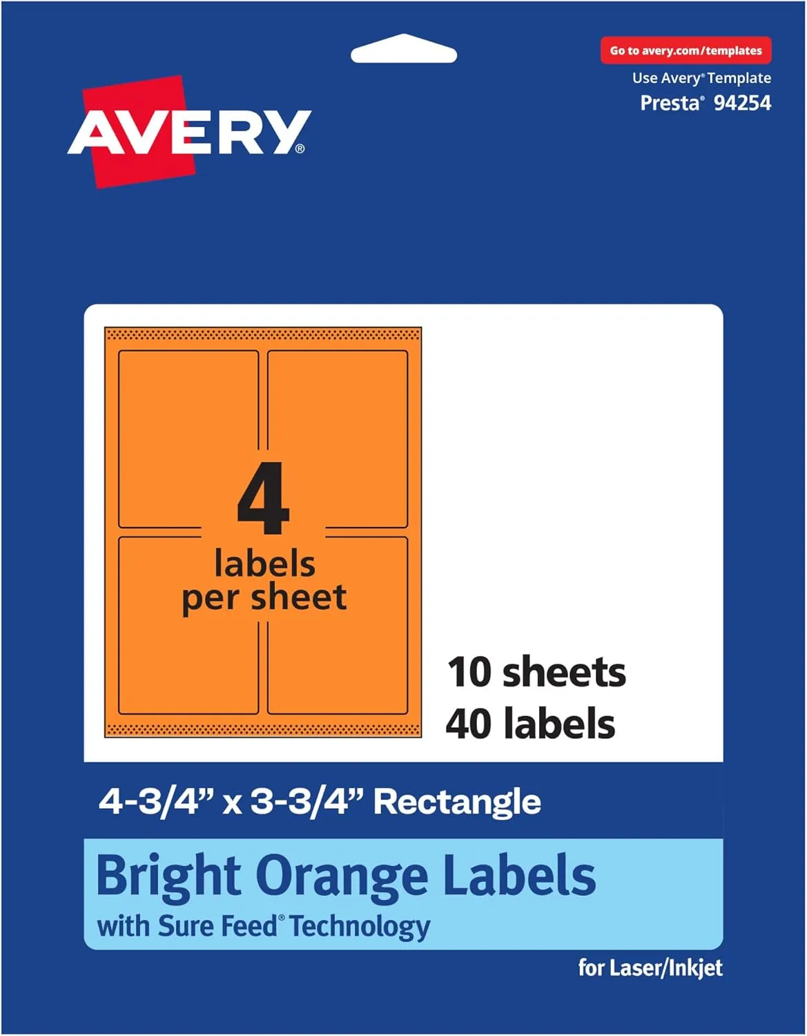 Avery Printable Rectangle Labels, Sure Feed Technology, 4-3/4" x 3-3/4", Bright Orange Labels, Print-to-The-Edge