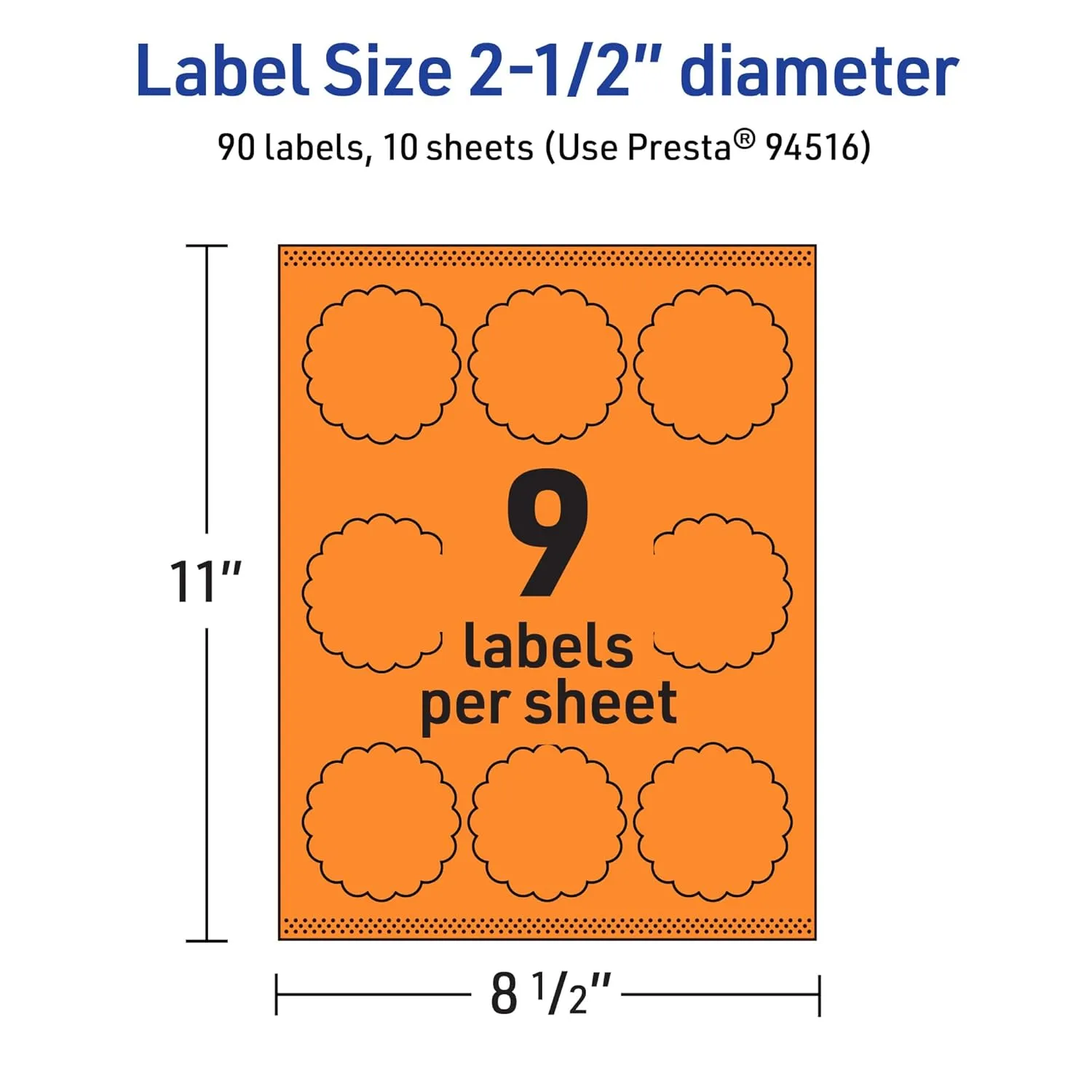 Avery Printable Round Scalloped Labels, Sure Feed Technology, 2-1/2" Diameter, Bright Orange Labels, Print-to-The-Edge