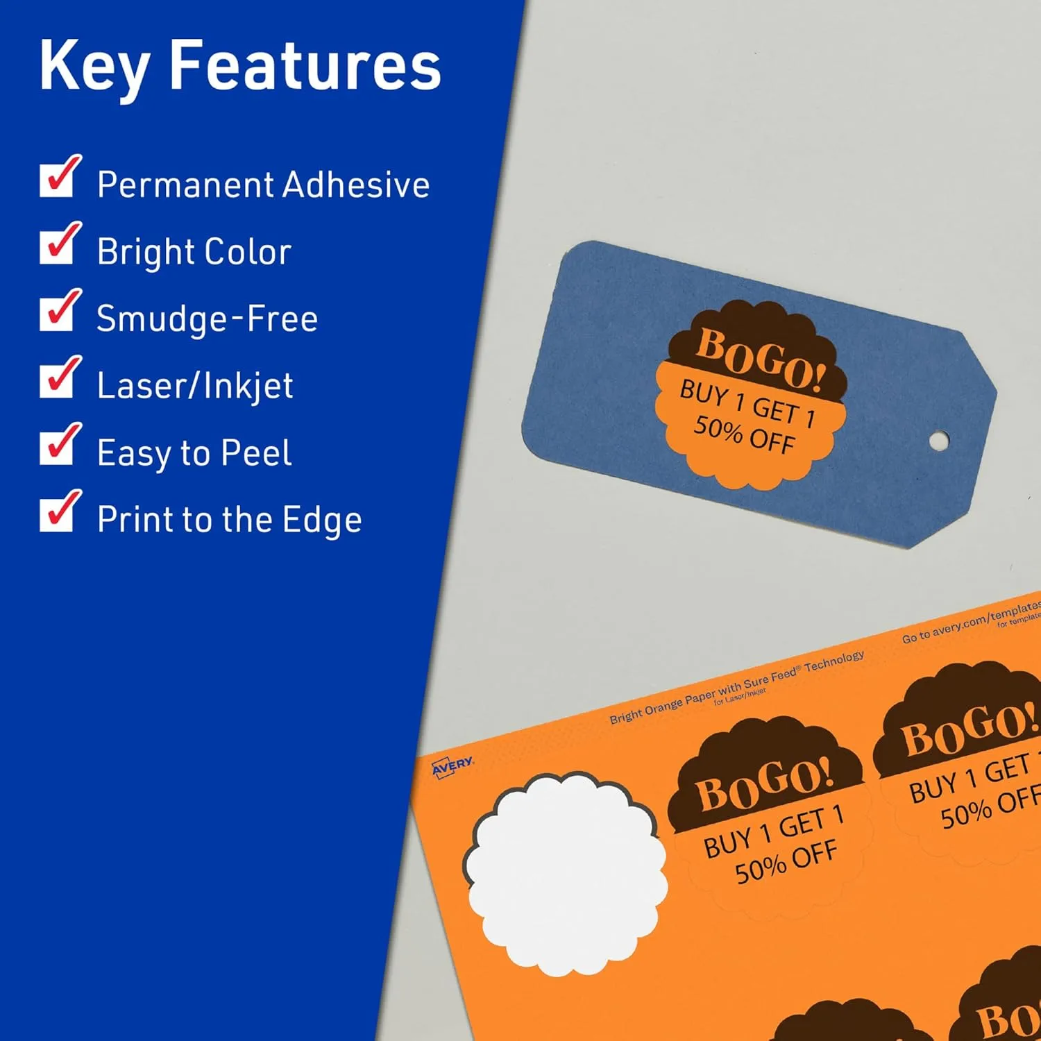 Avery Printable Round Scalloped Labels, Sure Feed Technology, 2-1/2" Diameter, Bright Orange Labels, Print-to-The-Edge