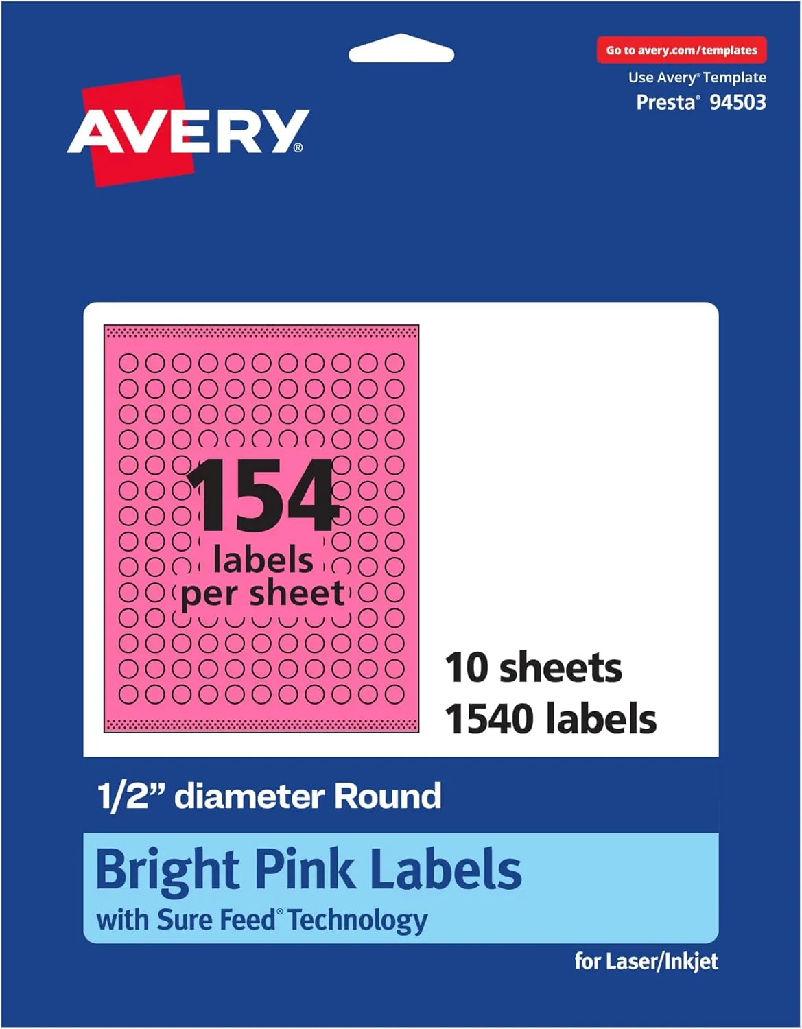 Avery Printable Round Labels, Sure Feed Technology, 1/2" Diameter, Bright Pink, Print-to-the-Edge, Laser/Inkjet