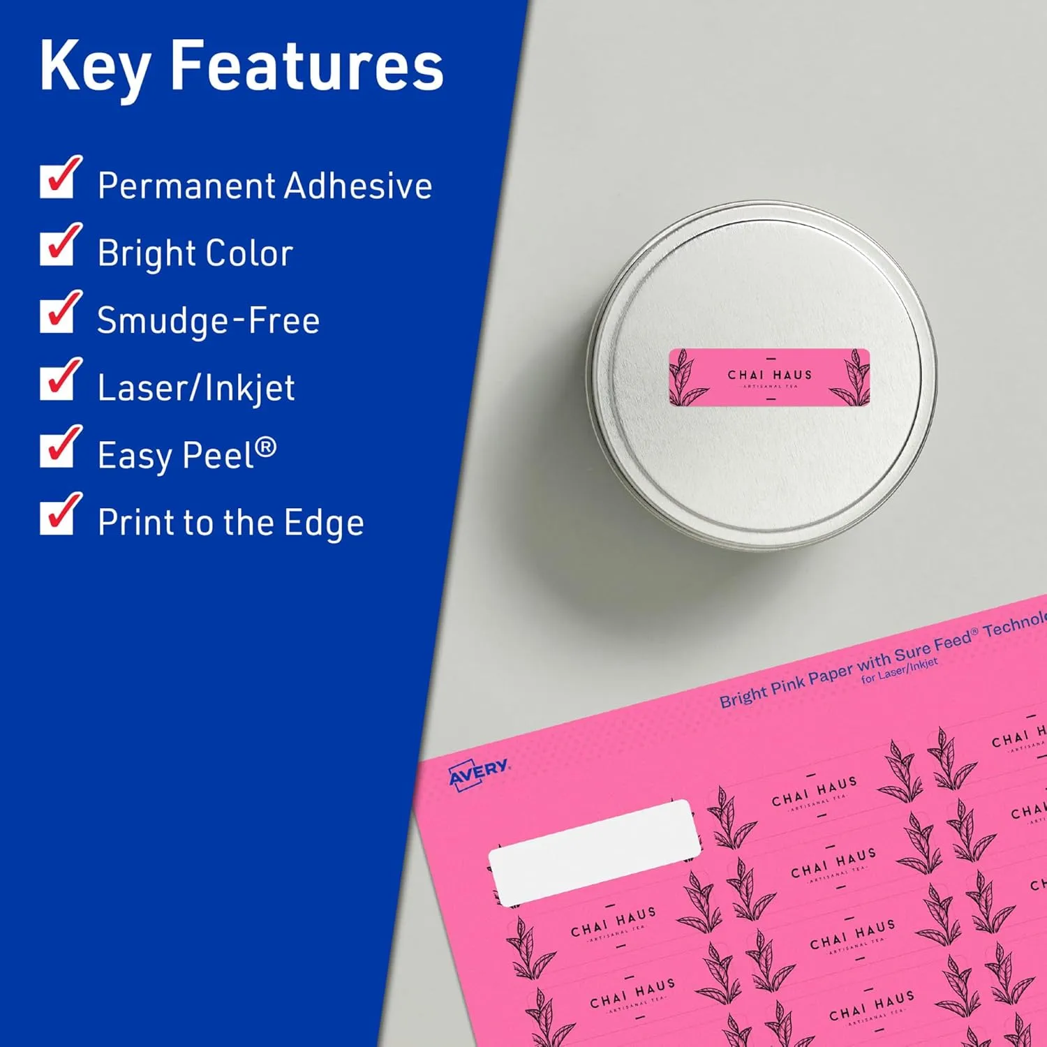 Avery Printable Rectangle Labels, Sure Feed Technology, 2/3" x 1-3/4", Bright Pink, Print-to-The-Edge, Laser/Inkjet Printable
