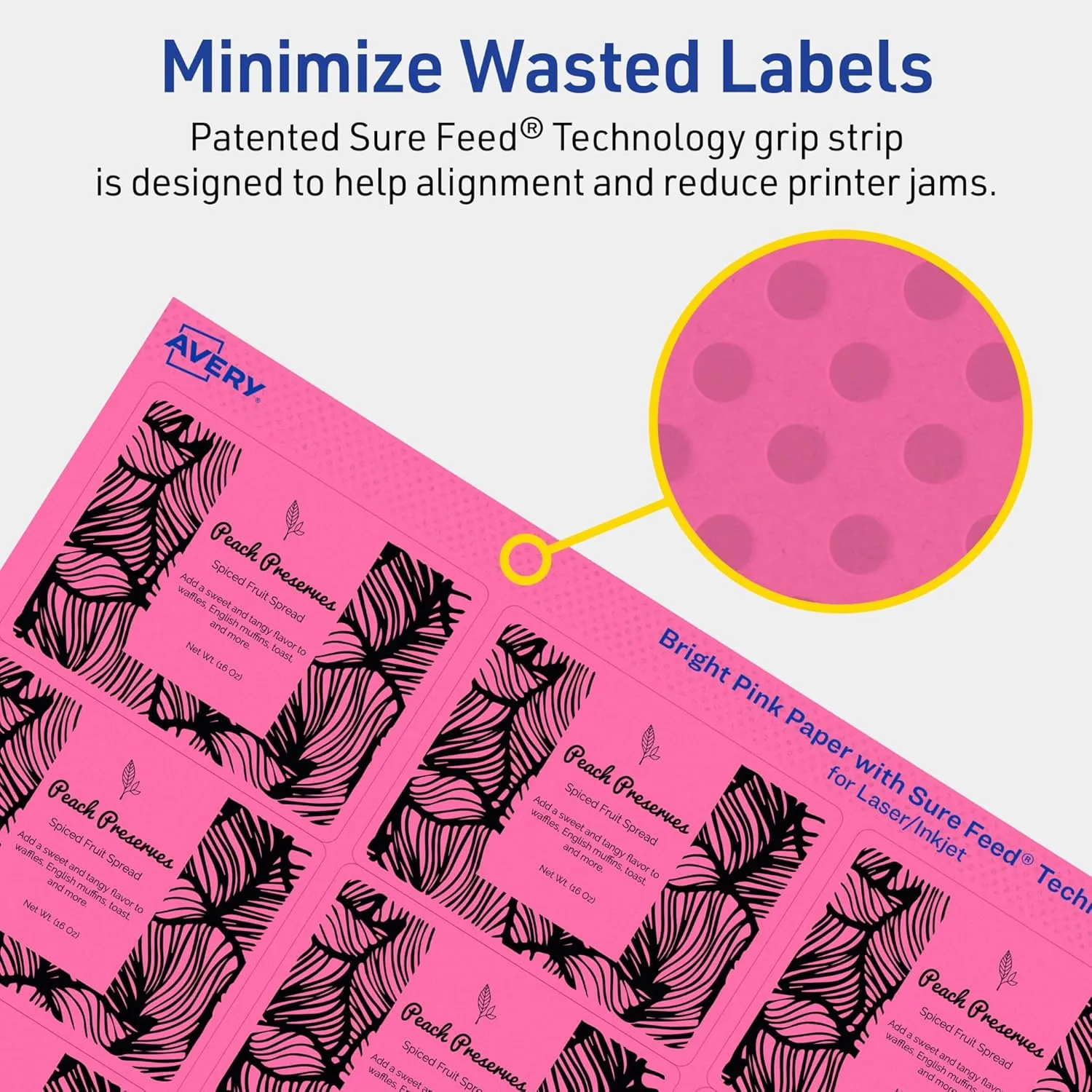 Avery Printable Rectangle Labels, Sure Feed Technology, 2 x 2-5/8, Bright Pink, Laser/Inkjet Printable