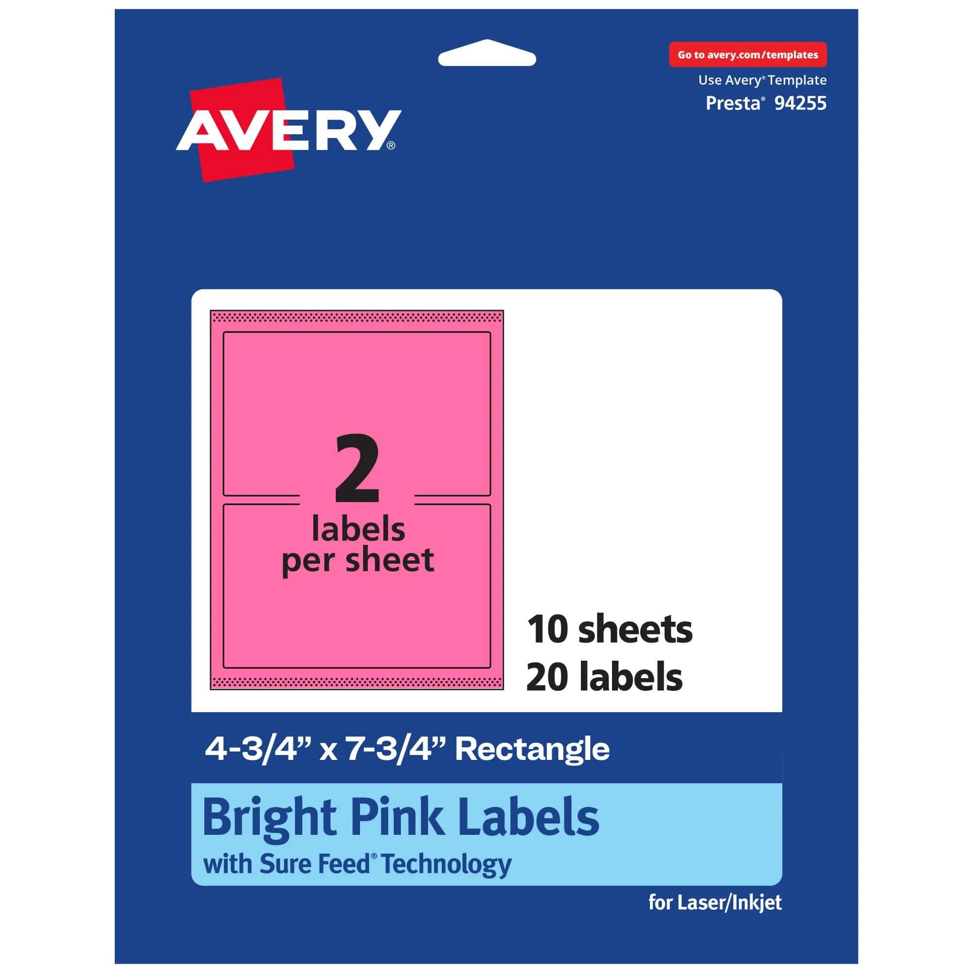 Avery Printable Rectangle Labels, Sure Feed Technology, 4-3/4" x 7-3/4", Bright Pink Labels, Print-to-The-Edge