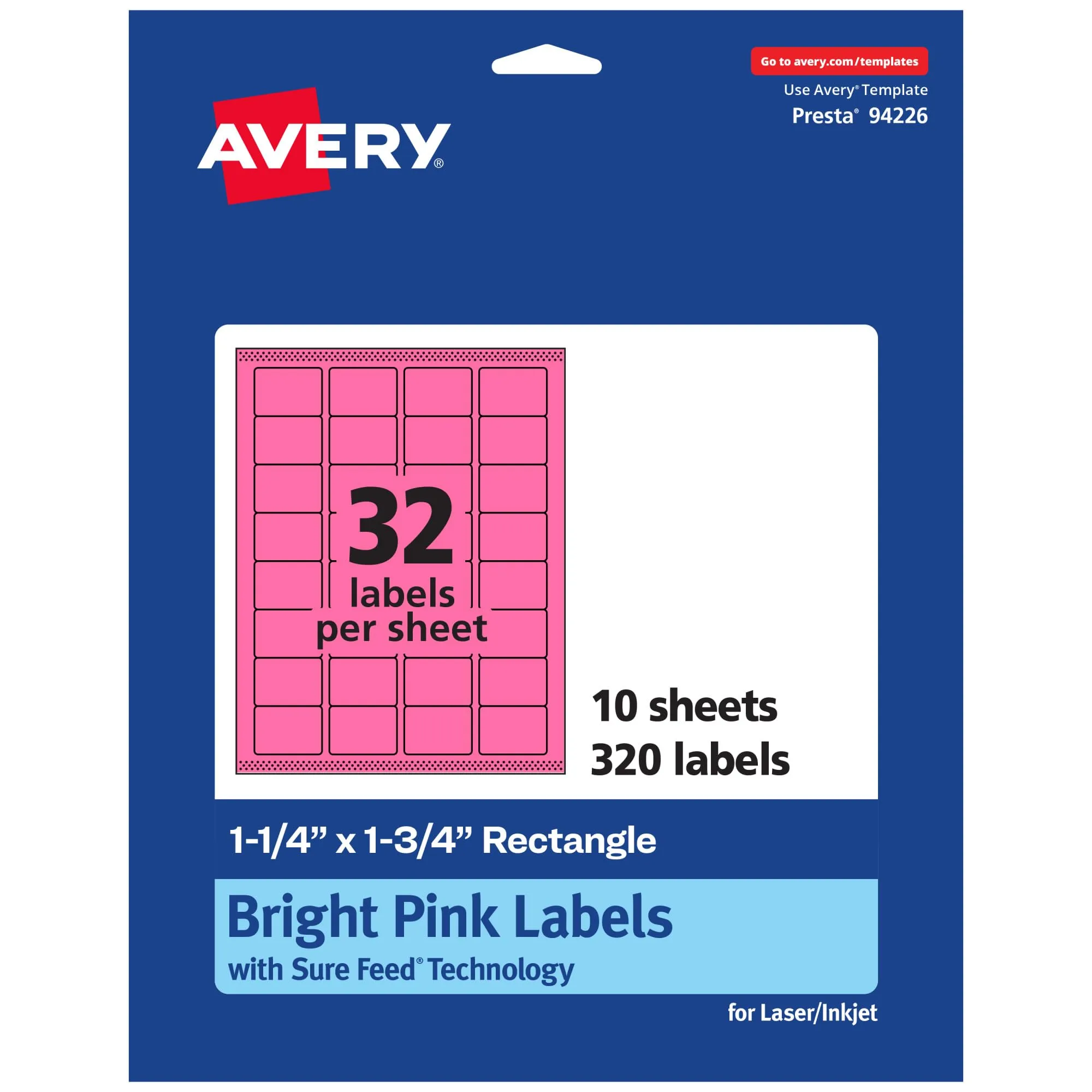Avery Printable Rectangle Labels, Sure Feed Technology, 1-1/4" x 1-3/4", Bright Pink Labels, Laser/Inkjet Printable