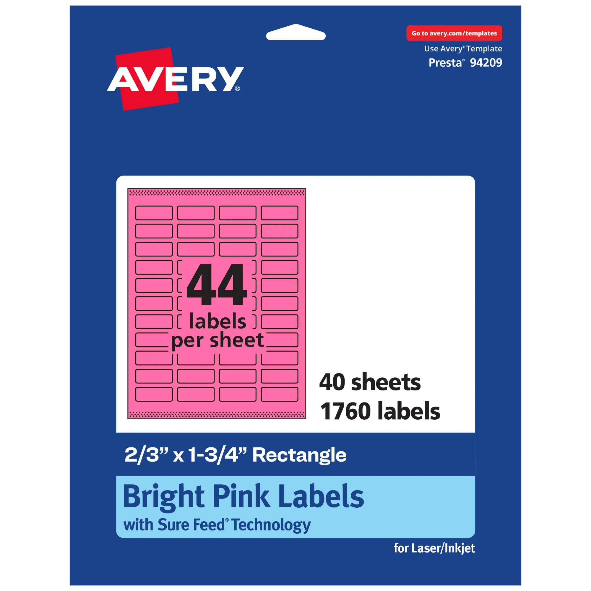 Avery Printable Rectangle Labels, Sure Feed Technology, 2/3" x 1-3/4", Bright Pink, Print-to-The-Edge, Laser/Inkjet Printable