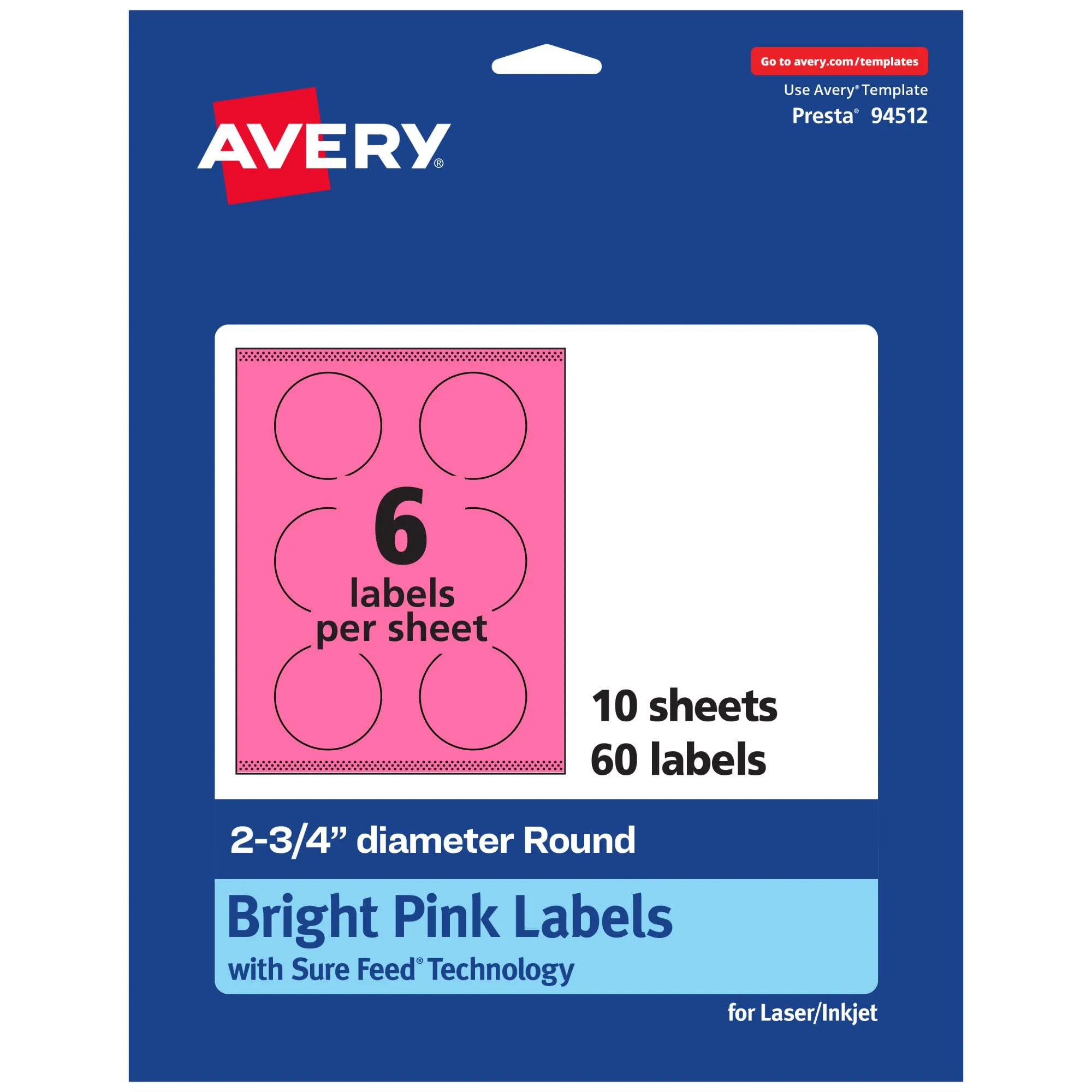 Avery Printable Round Labels, Sure Feed Technology, 2.75" Diameter, Bright Pink Labels, Print-to-The-Edge