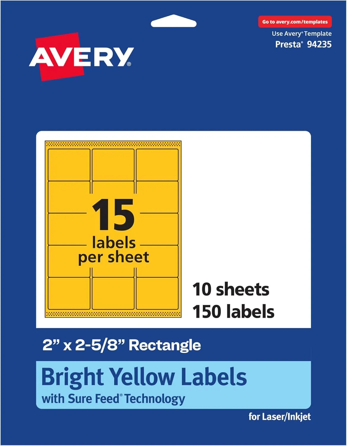 AVERY Printable Rectangle Labels, Sure Feed Technology, 2" x 2-5/8", Bright Yellow