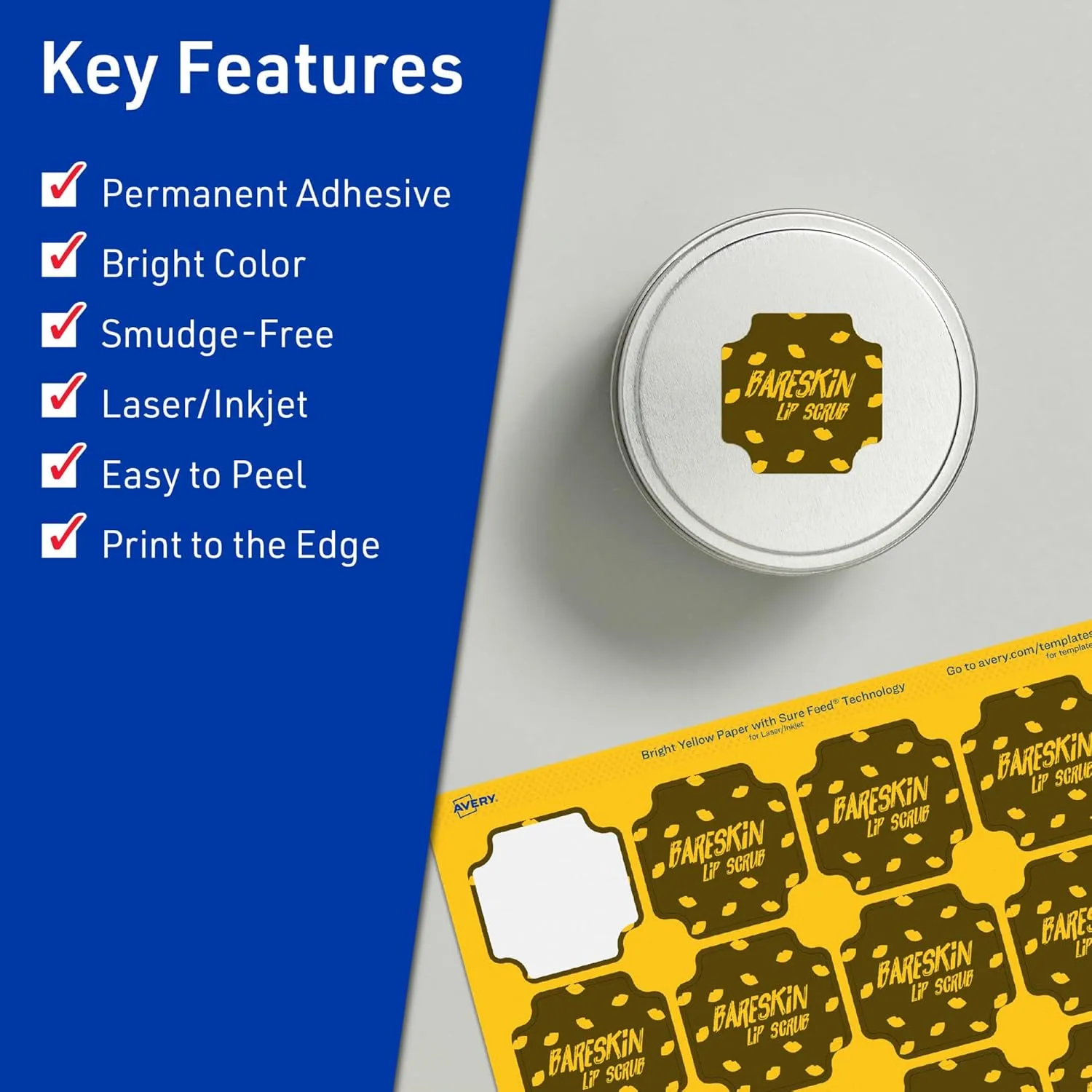 AVERY Printable Square Scalloped Labels, Sure Feed Technology, 1-5/8" x 1-5/8", Bright Yellow